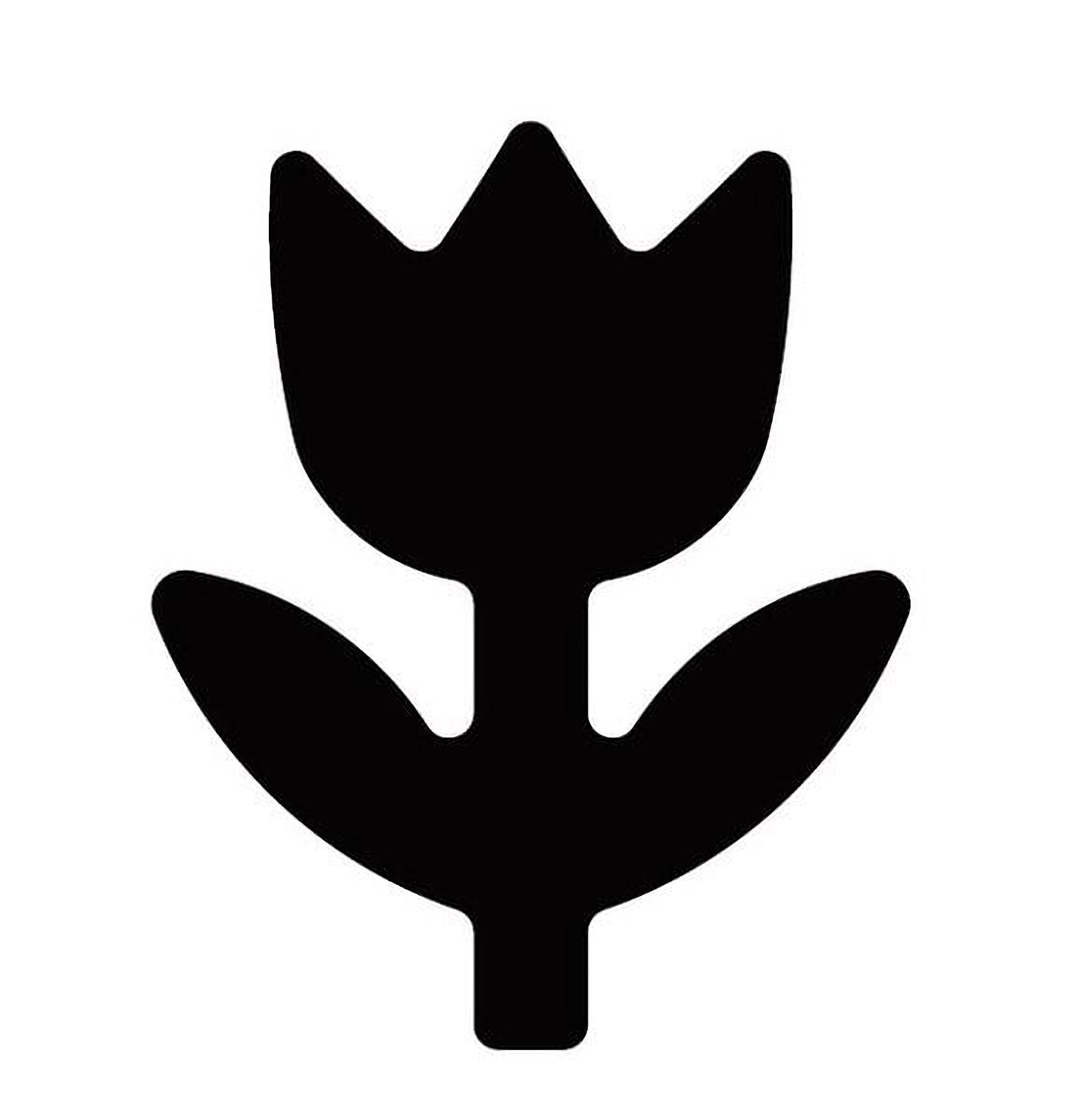 A simple black silhouette of a flower.