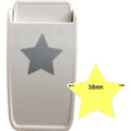 a white plastic star-shaped object with a gray star on it, and there is a smaller yellow star-shaped object next to it, both with the size of 38mm.