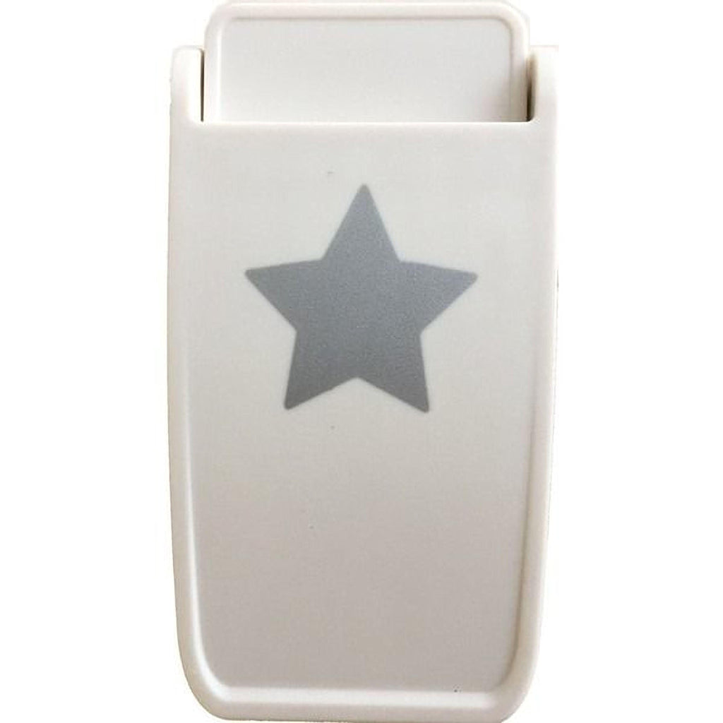 a white plastic object with a silver star symbol on it.