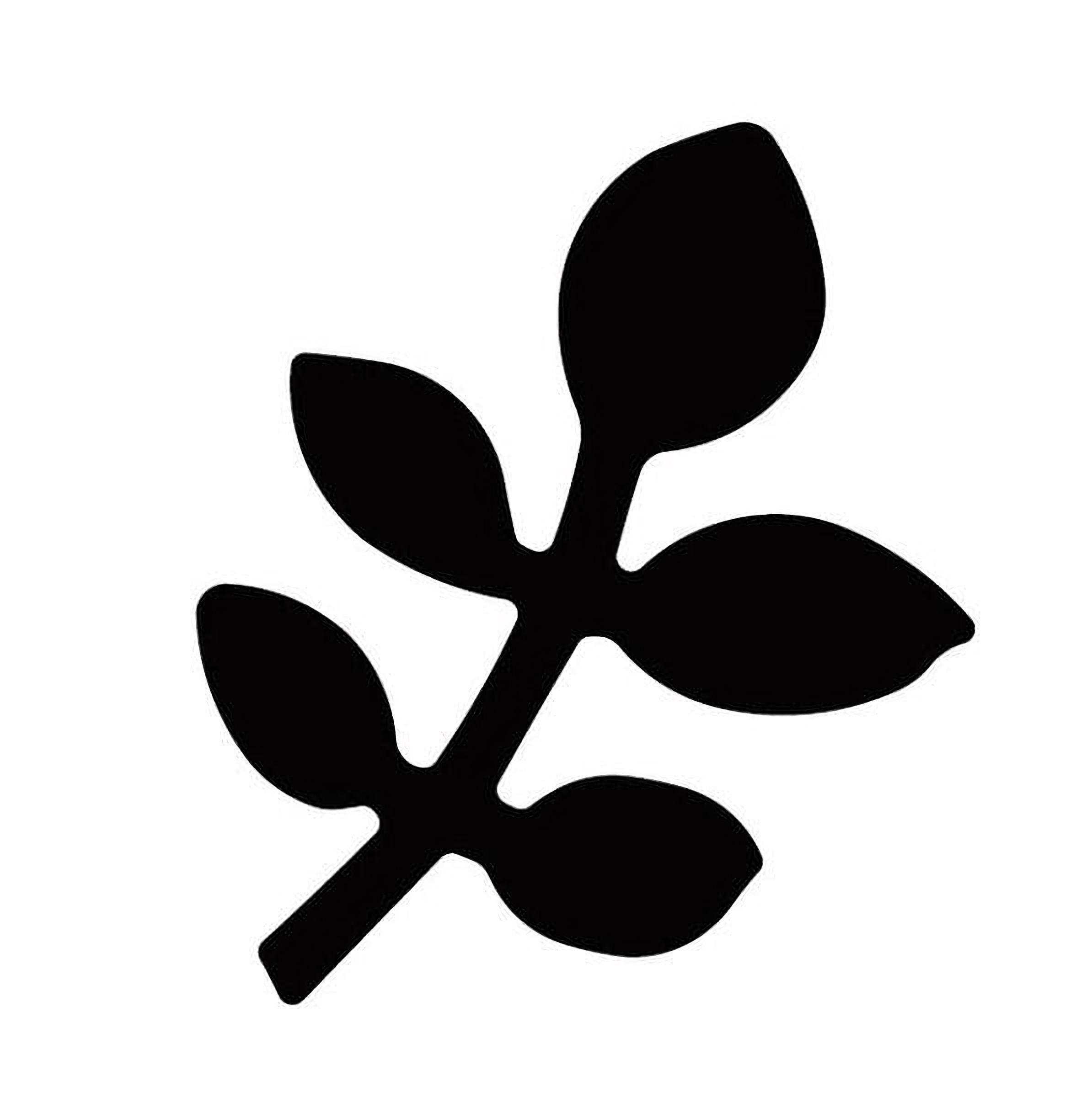 A simple black and white silhouette of a leaf or plant.