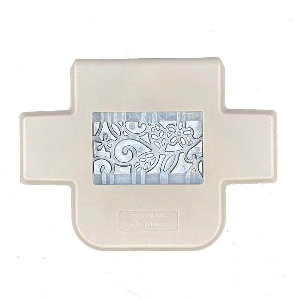 A beige plastic container with a decorative pattern on its front.