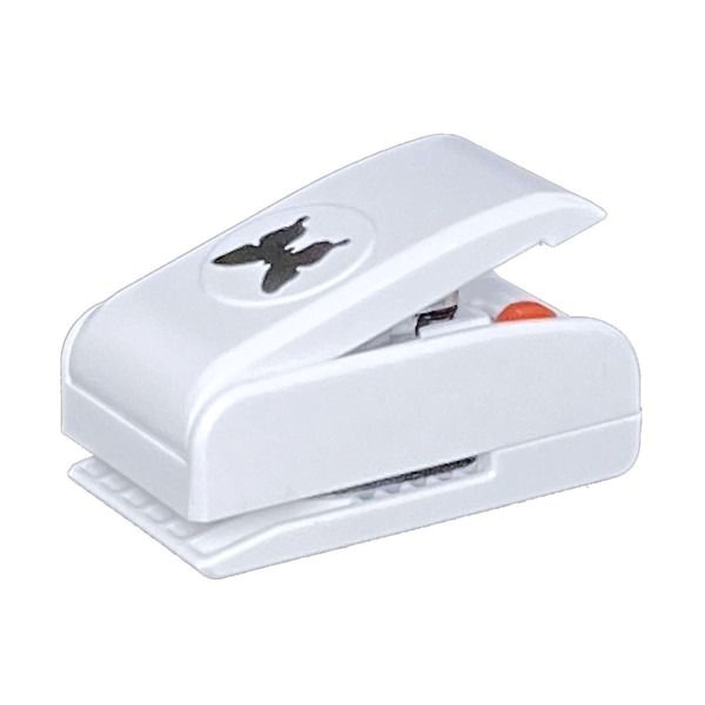 A white plastic hole puncher with a butterfly design on it.
