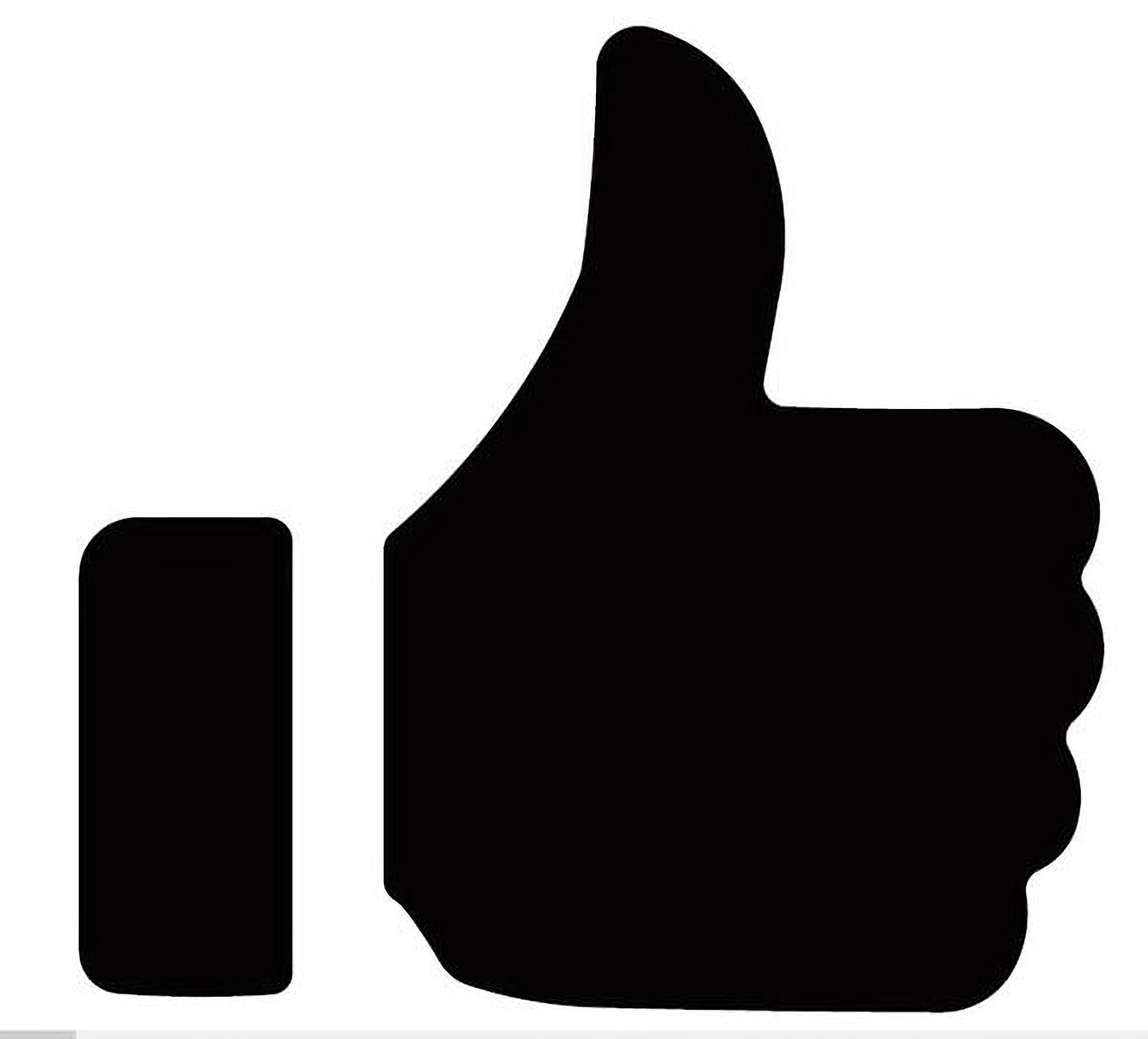 A black thumbs up symbol is shown against a white background.