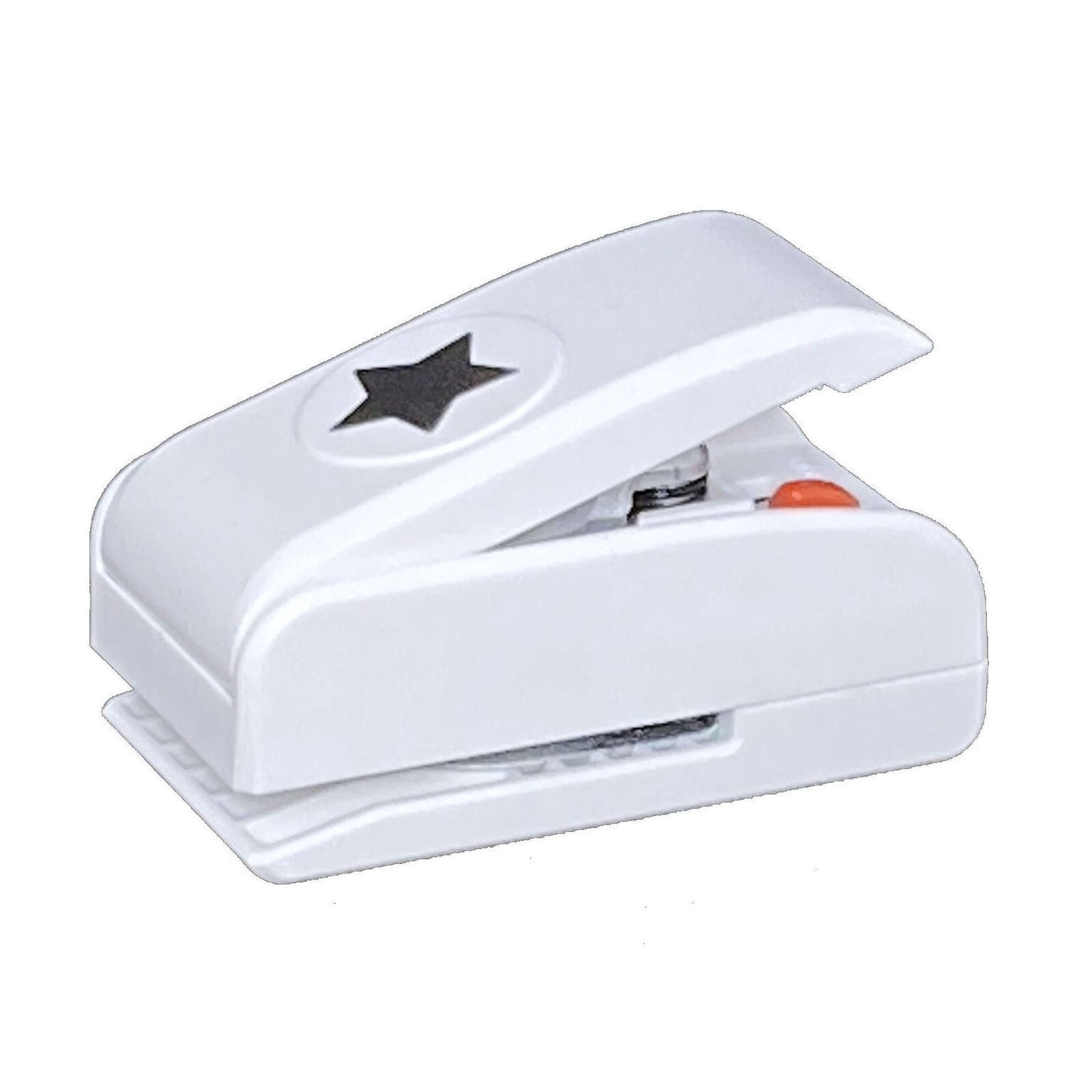 A white plastic hole puncher with a star-shaped hole on the top.