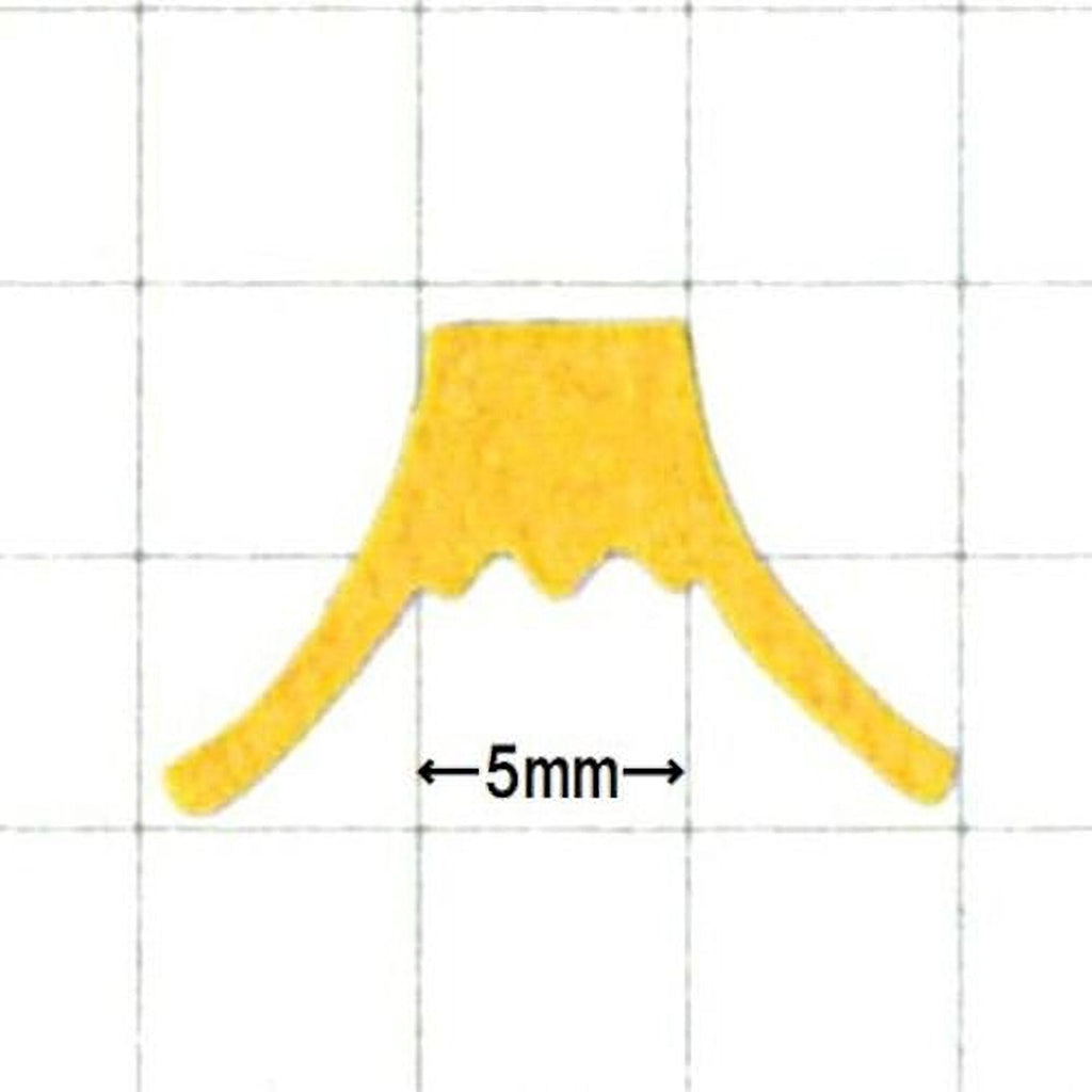 a yellow object with a measurement scale indicating it is 5 millimeters in length.