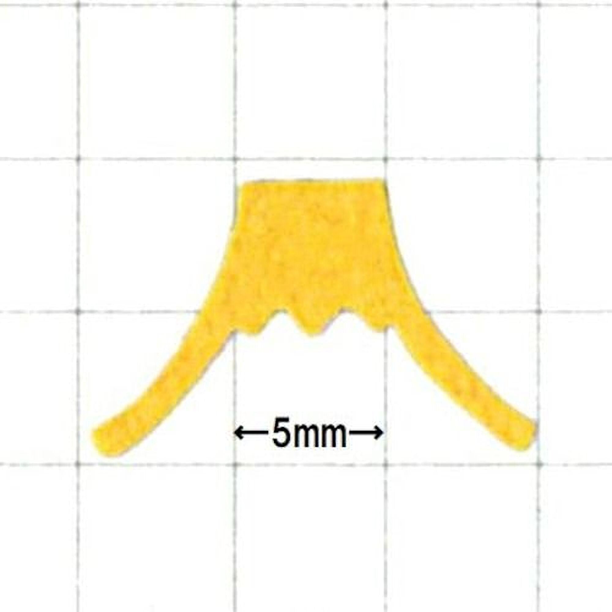 a yellow object with a measurement scale indicating it is 5 millimeters in length.