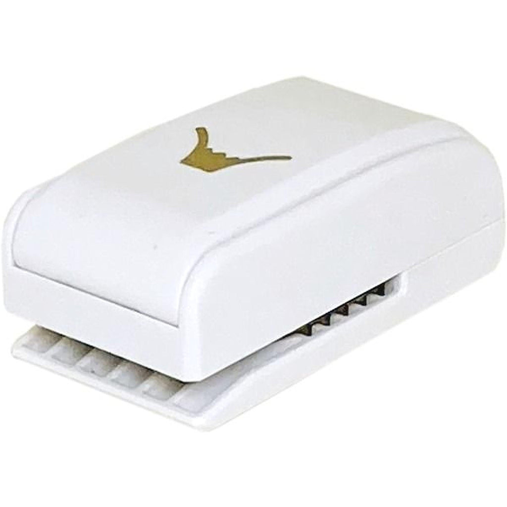 A white, rectangular hole puncher with a gold symbol on the top.