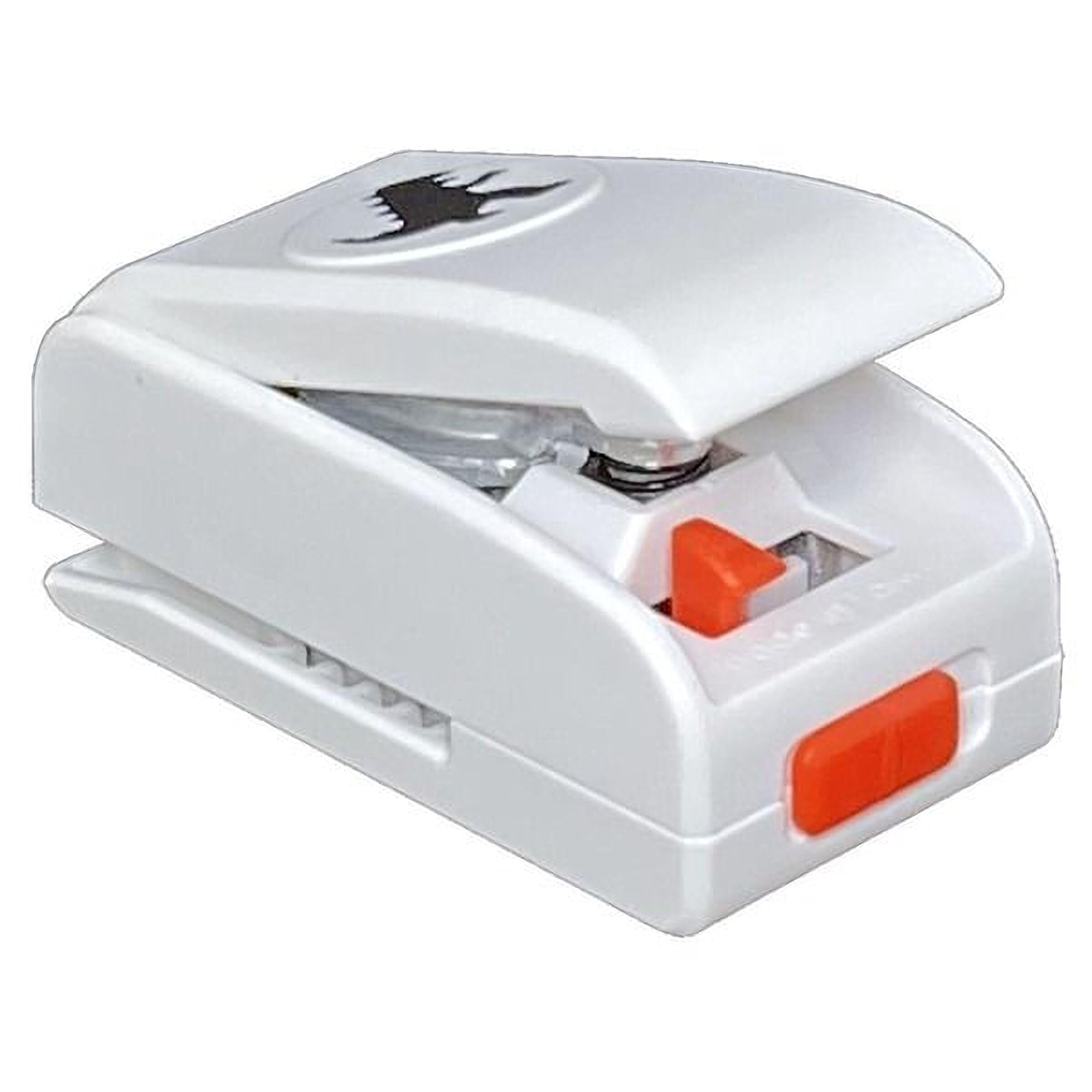 A white and orange plastic hole puncher with a black circular logo on the top.