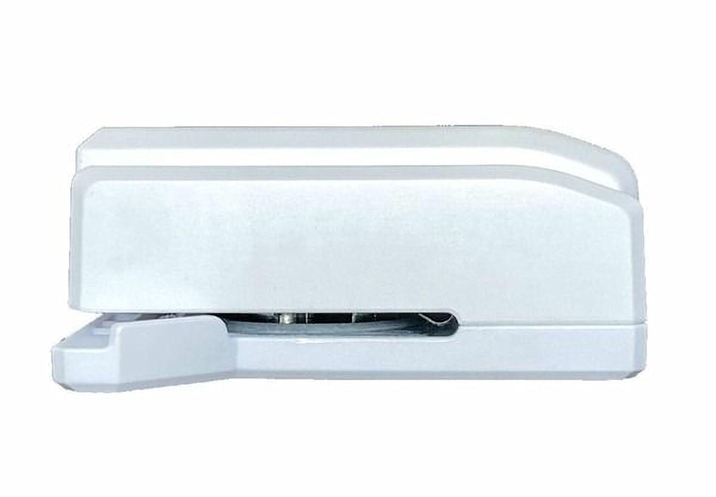 A white stapler with a metal staple head.