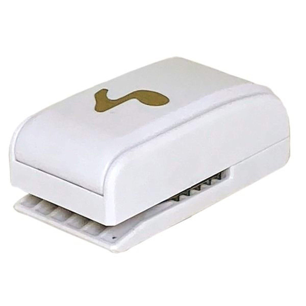 A white and gold stapler with a single staple in the center.