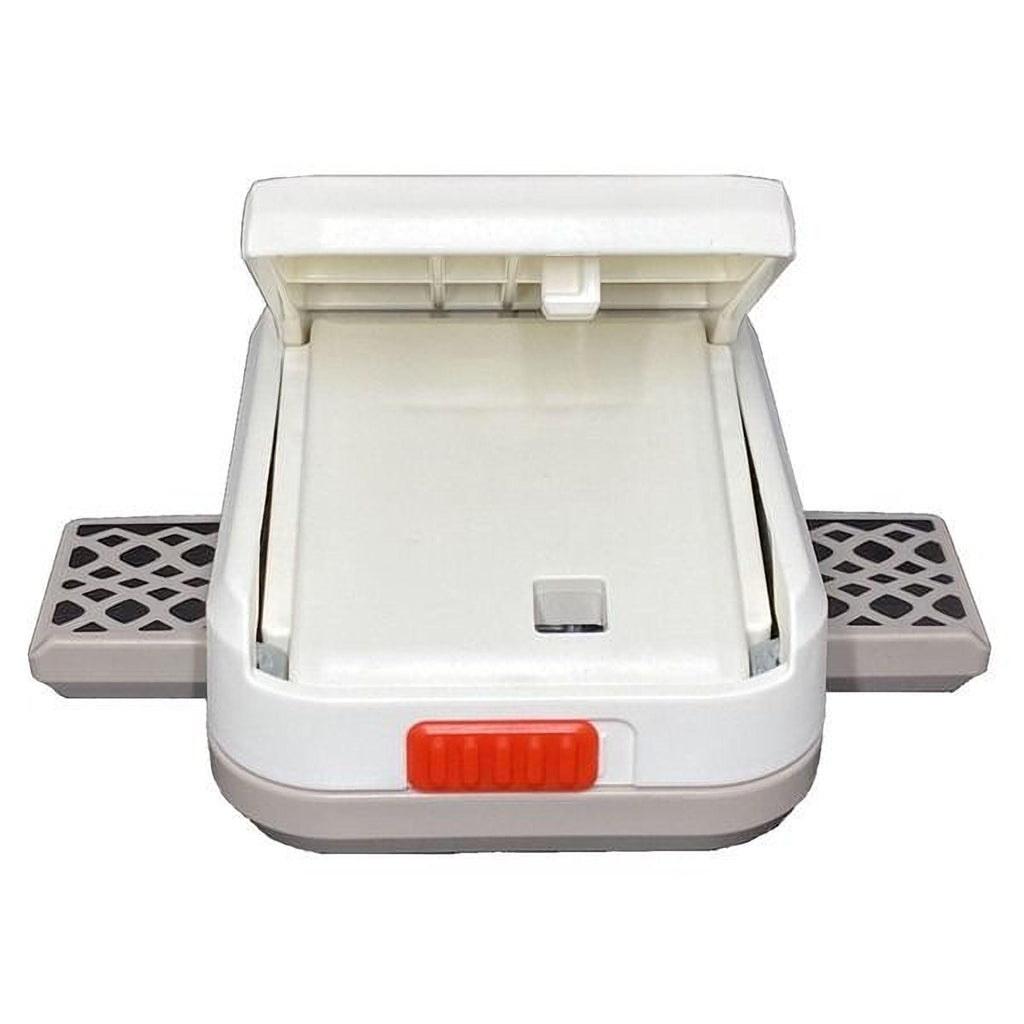 a white and gray electronic device with a red button on the front.