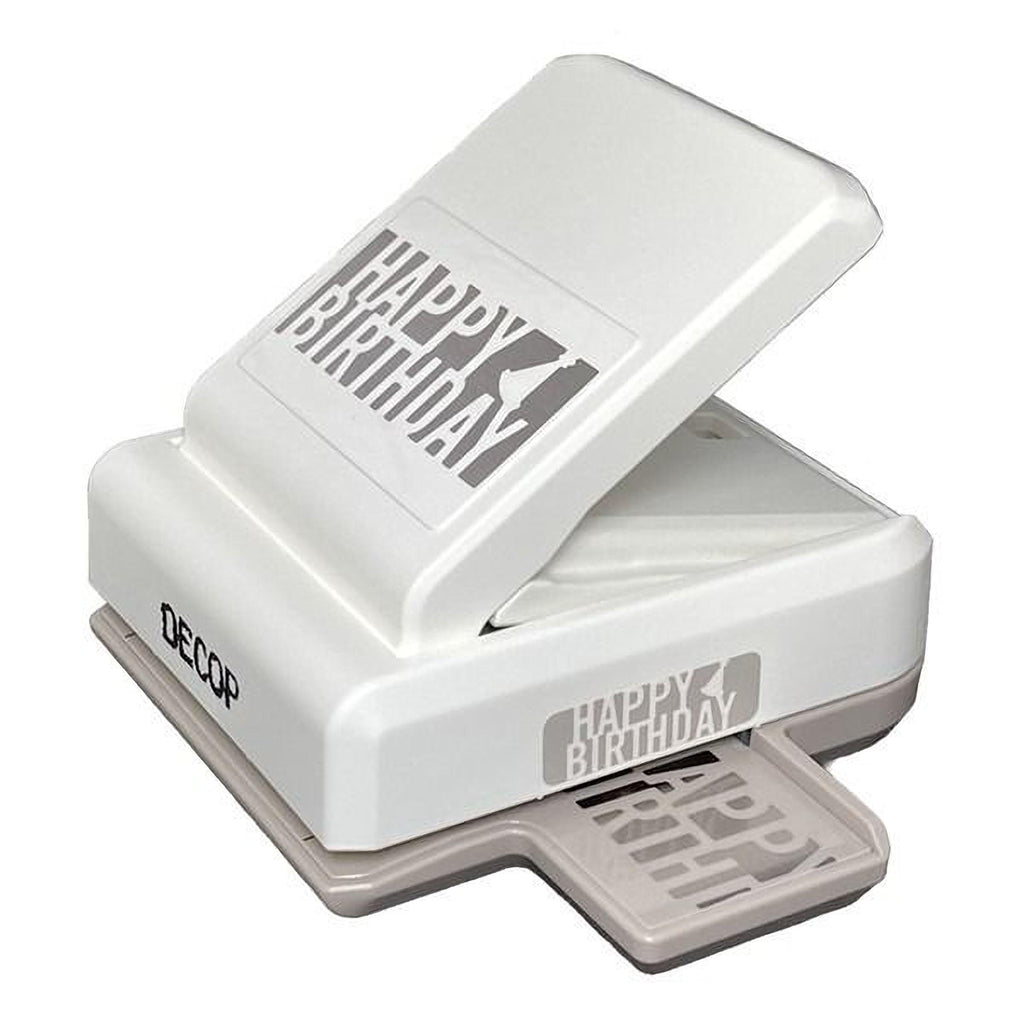 A white and gray plastic punch with the text "Happy Birthday" printed on it.