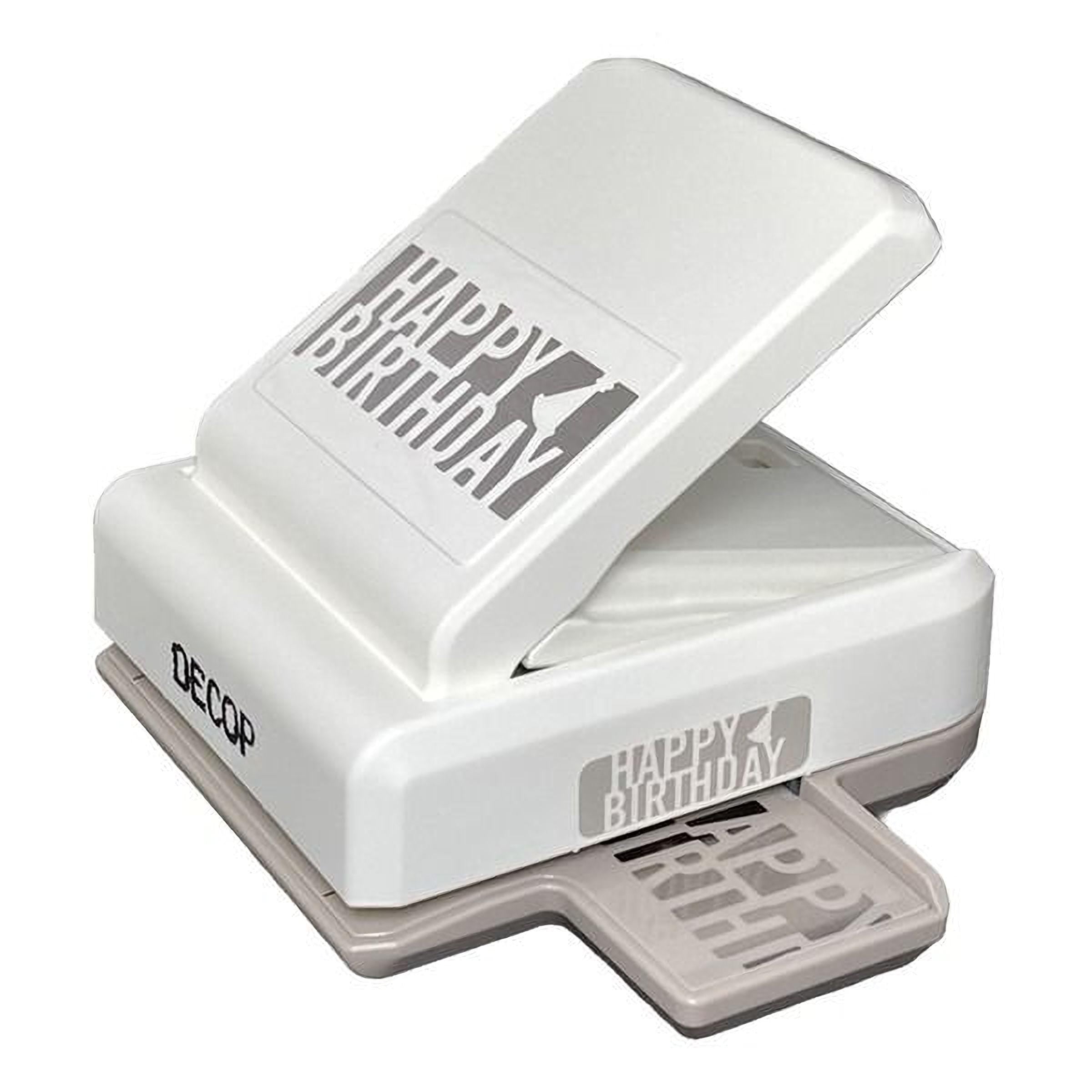 A white and gray plastic punch with the text "Happy Birthday" printed on it.