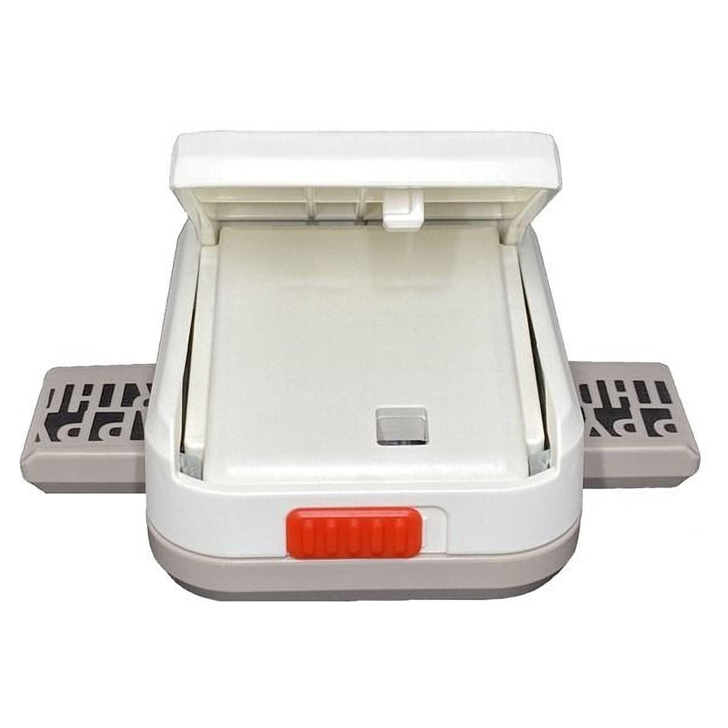 a white and gray electronic device with a red button on the bottom right side.