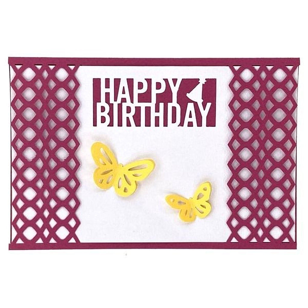 A handmade birthday card with a purple border and a white background. The card features a "Happy Birthday" message in the center, with two yellow butterfly cutouts on either side.