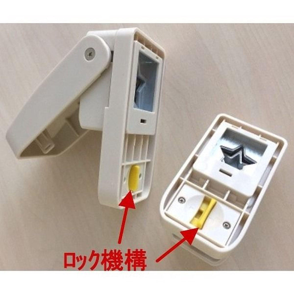 two white plastic devices with yellow and red buttons, one of which is open, and there is Japanese text in the image.
