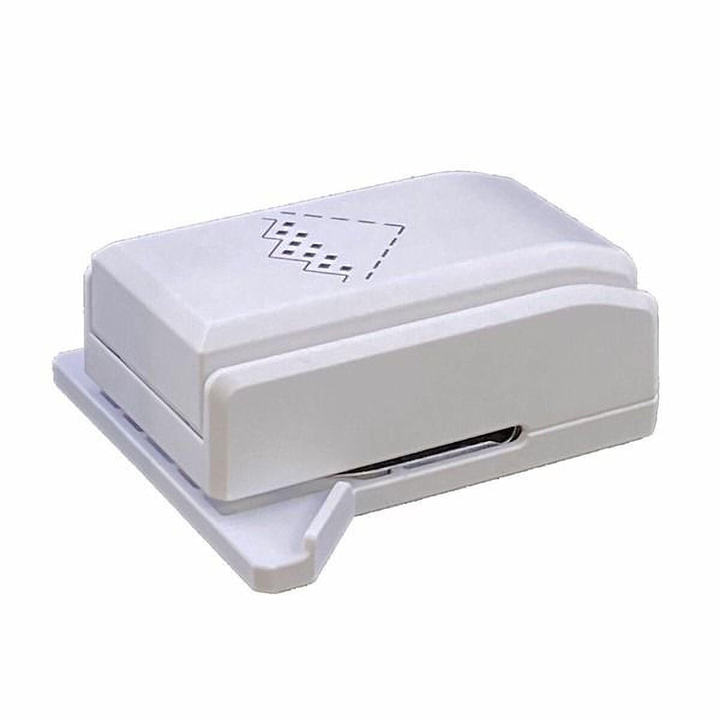 A white, rectangular object with a black geometric design on it.
