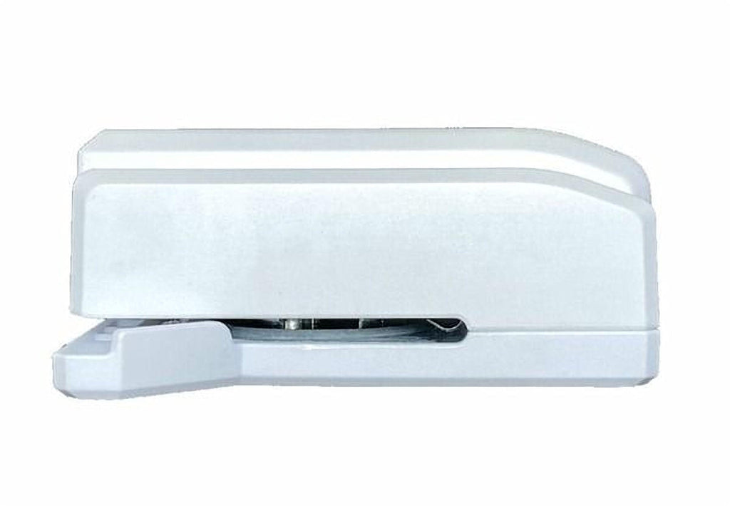 A white stapler with a metal staple head.