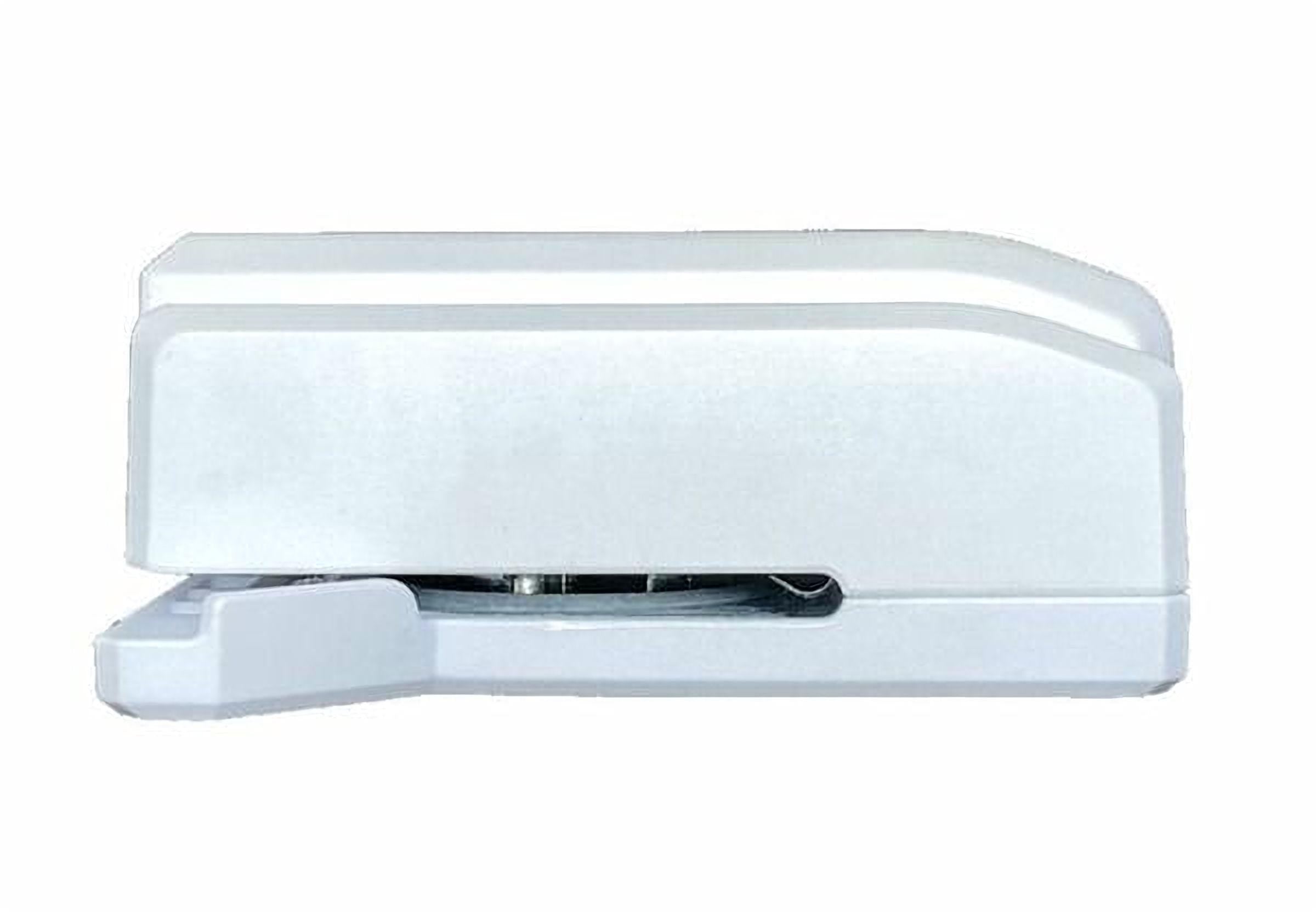 A white stapler with a metal staple head.