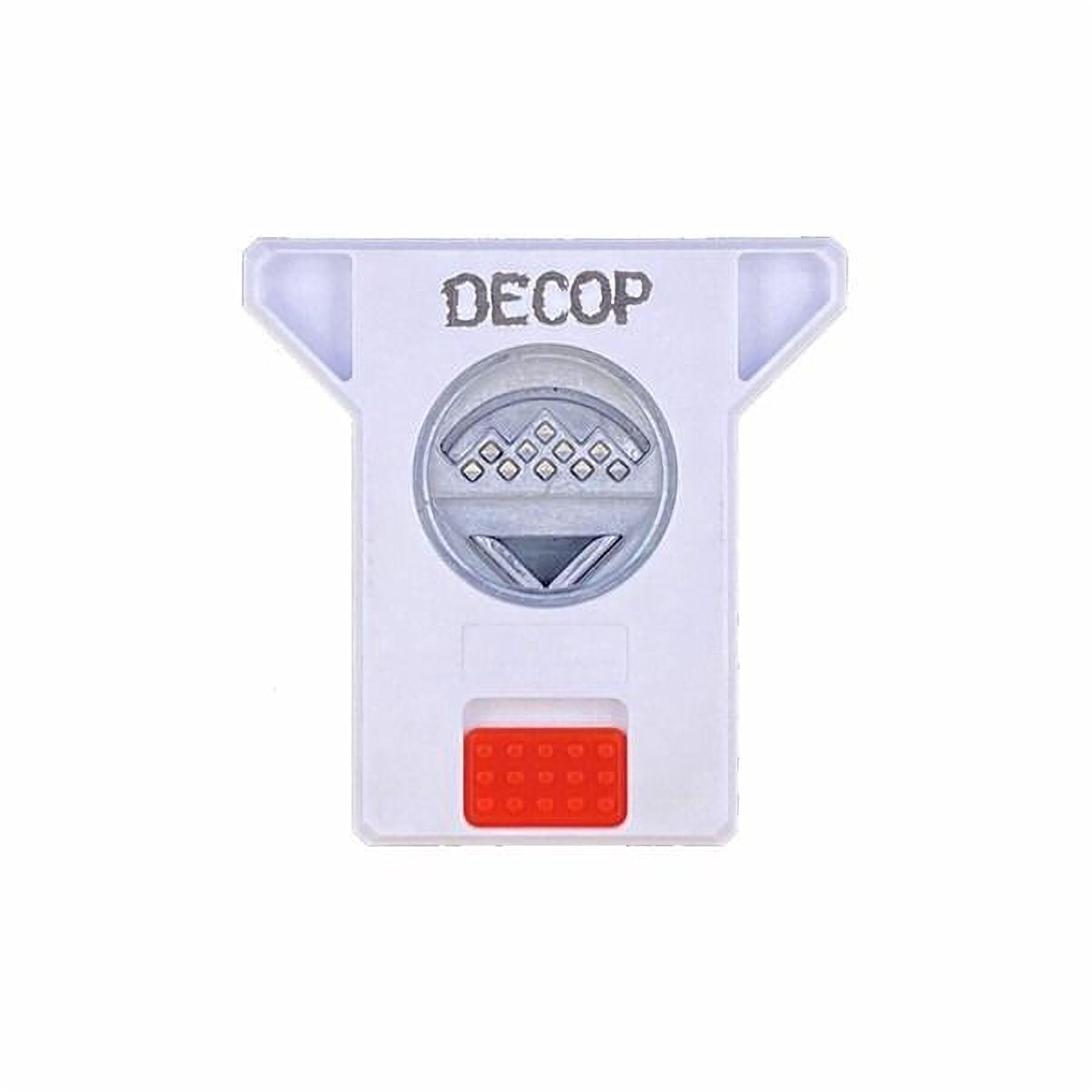 a white plastic device with a red button and the word "DECOP" printed on it.