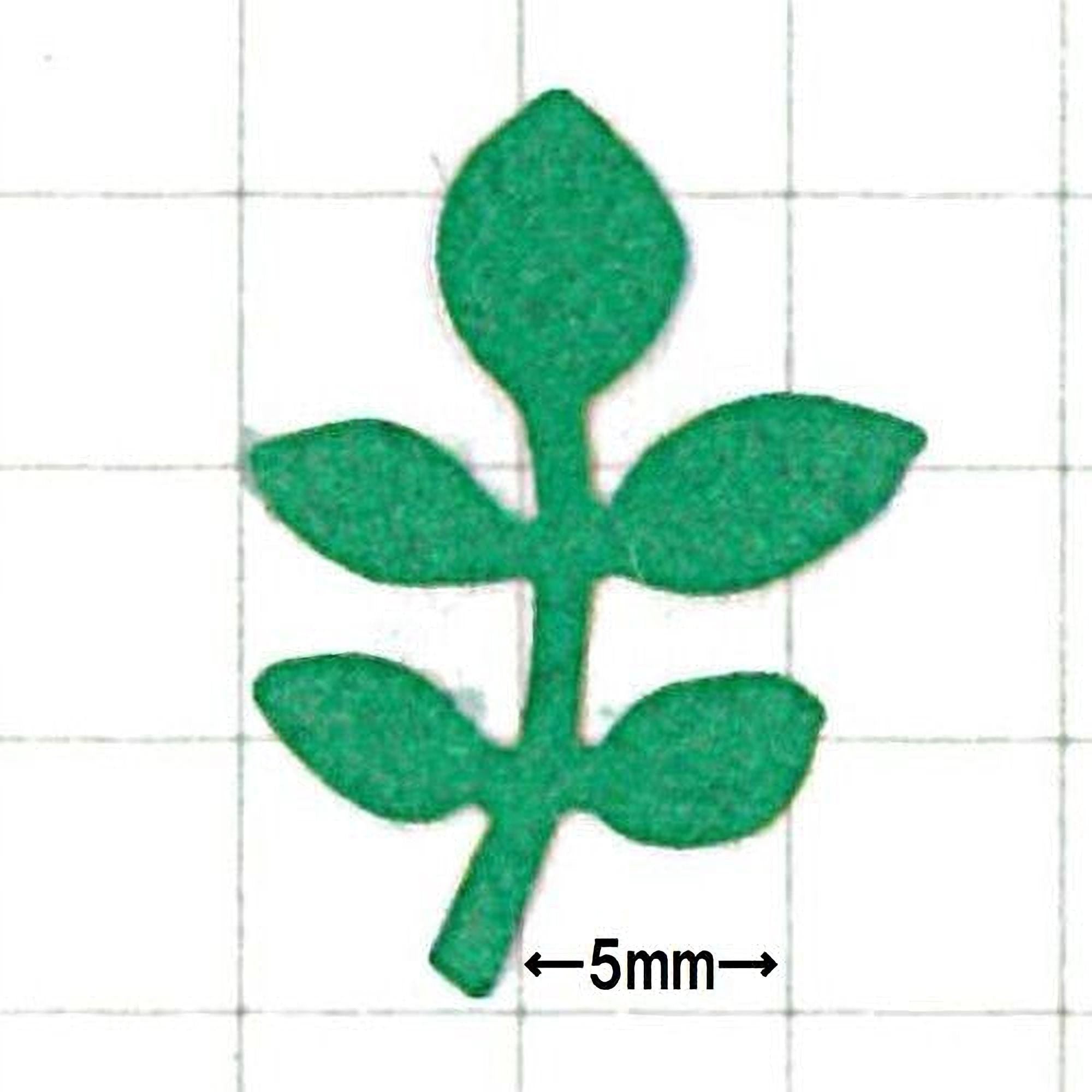 A green leaf-shaped object is shown against a grid background, with a measurement scale indicating it is 5 millimeters in size.