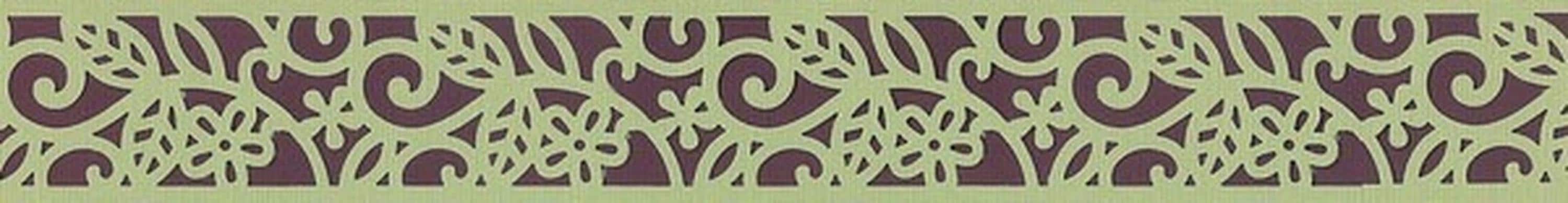 a repeating pattern of purple and green swirls and shapes, creating a visually striking and intricate design.