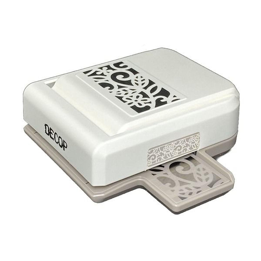 A white and gray decorative punch with a floral pattern on the front.