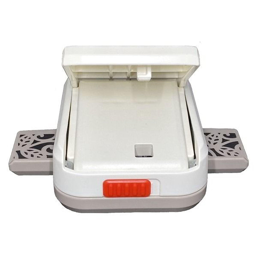 a white and gray electronic device with a red button on the bottom right corner.