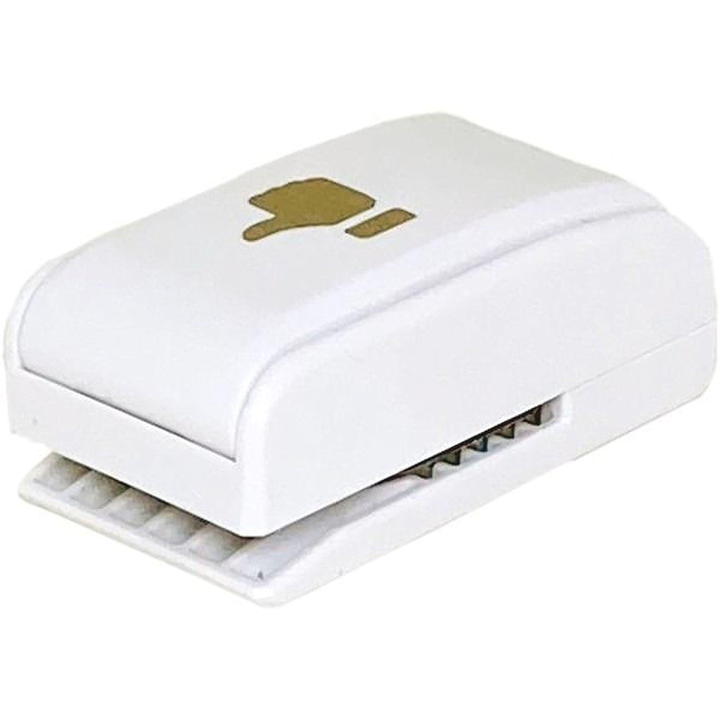A white paper puncher with a gold-colored thumb and finger icon on it.