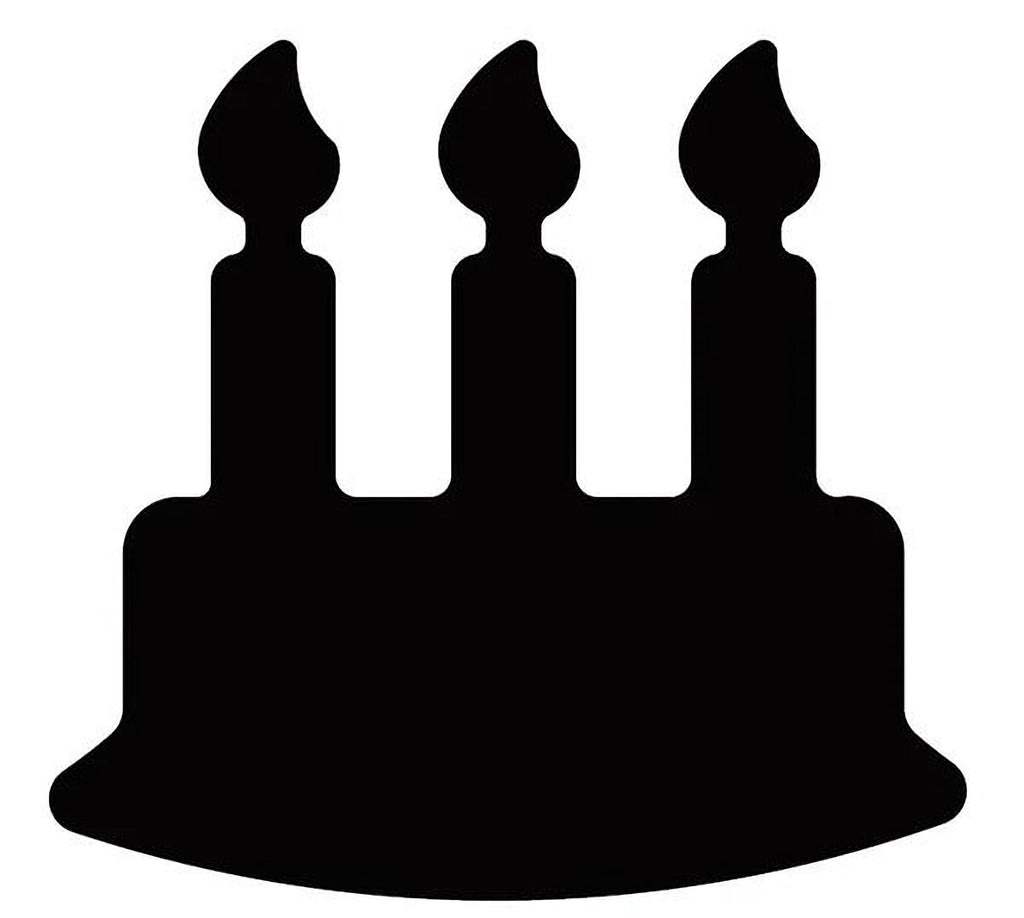 A silhouette of a cake with three candles on top.