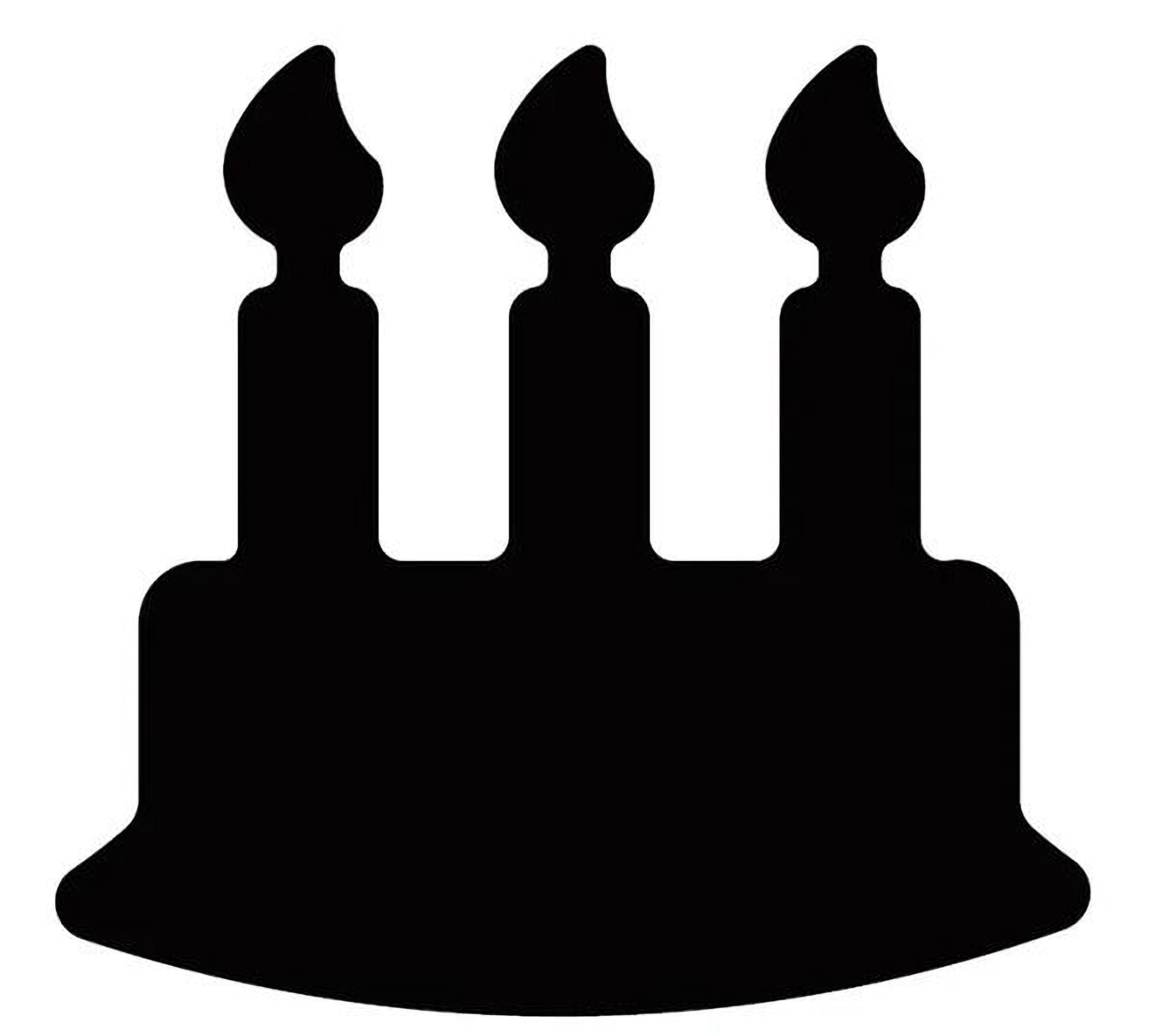 A silhouette of a cake with three candles on top.