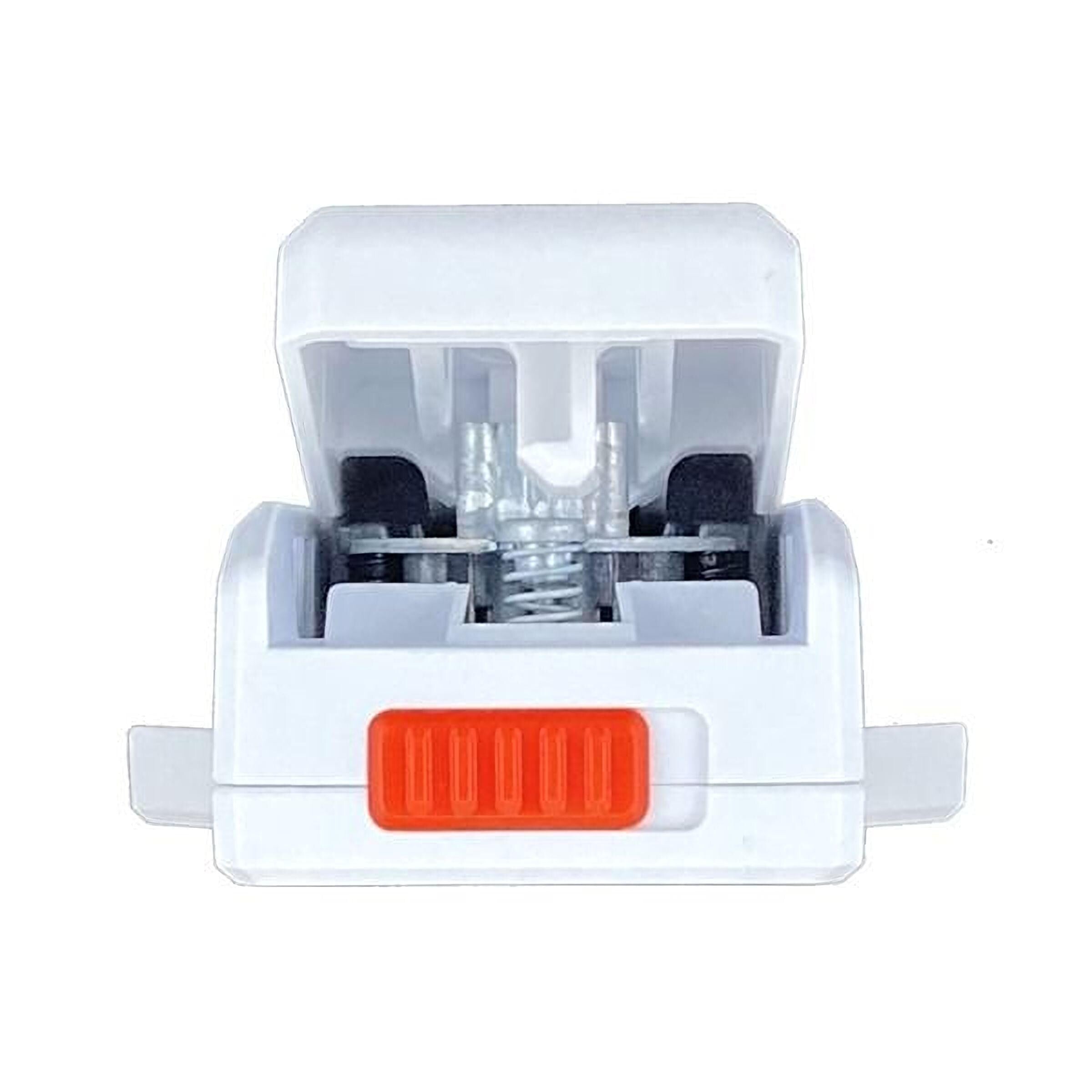a white electronic device with an orange button on the front.