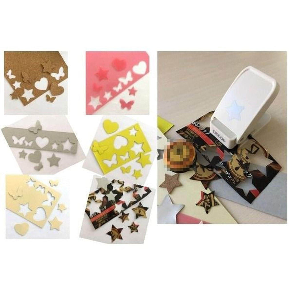 The image is a collage of various cut-out shapes, including stars, hearts, and butterflies, along with a hole punch.