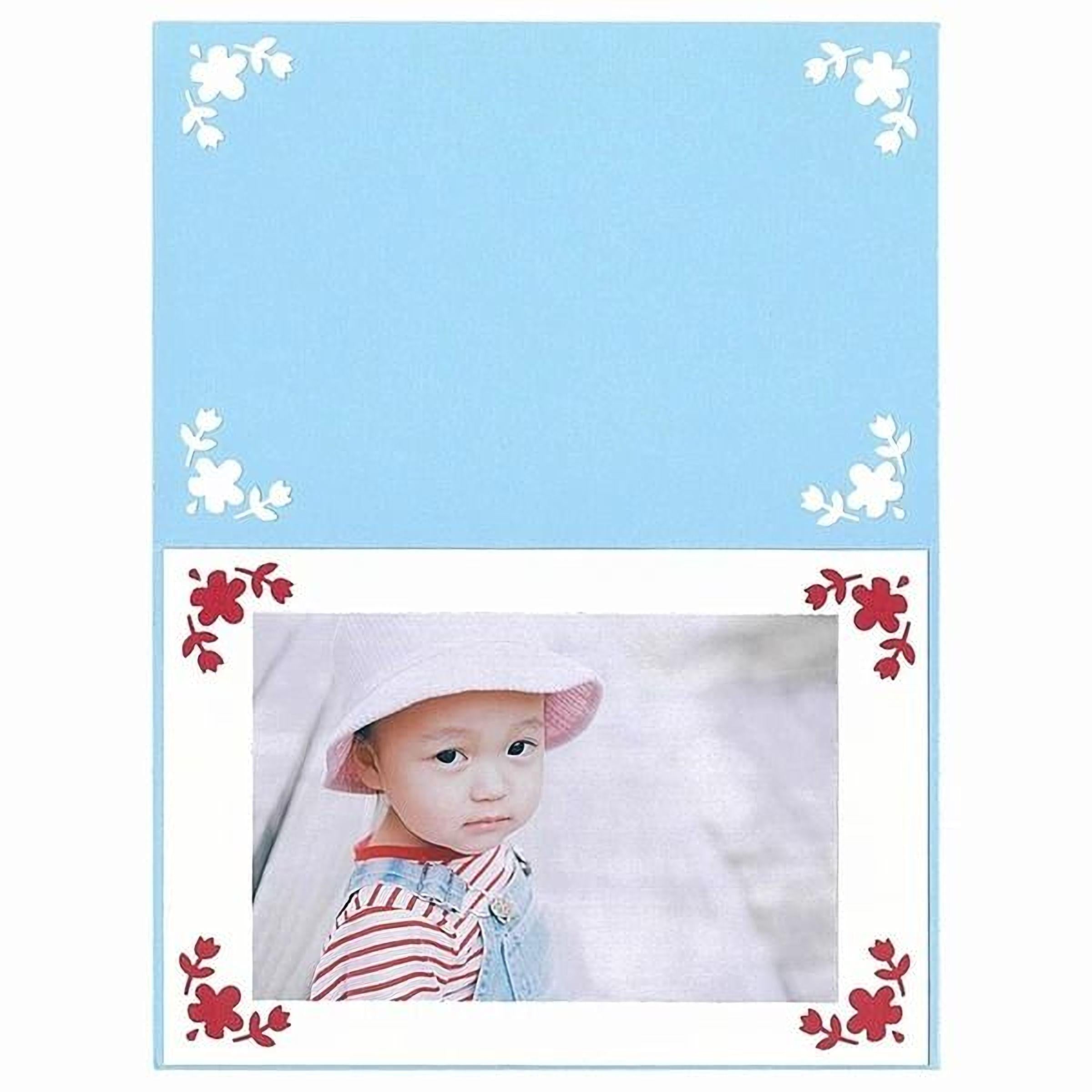 A young child wearing a white hat and striped shirt is the focus of the image, which is framed by a decorative border with red flowers.