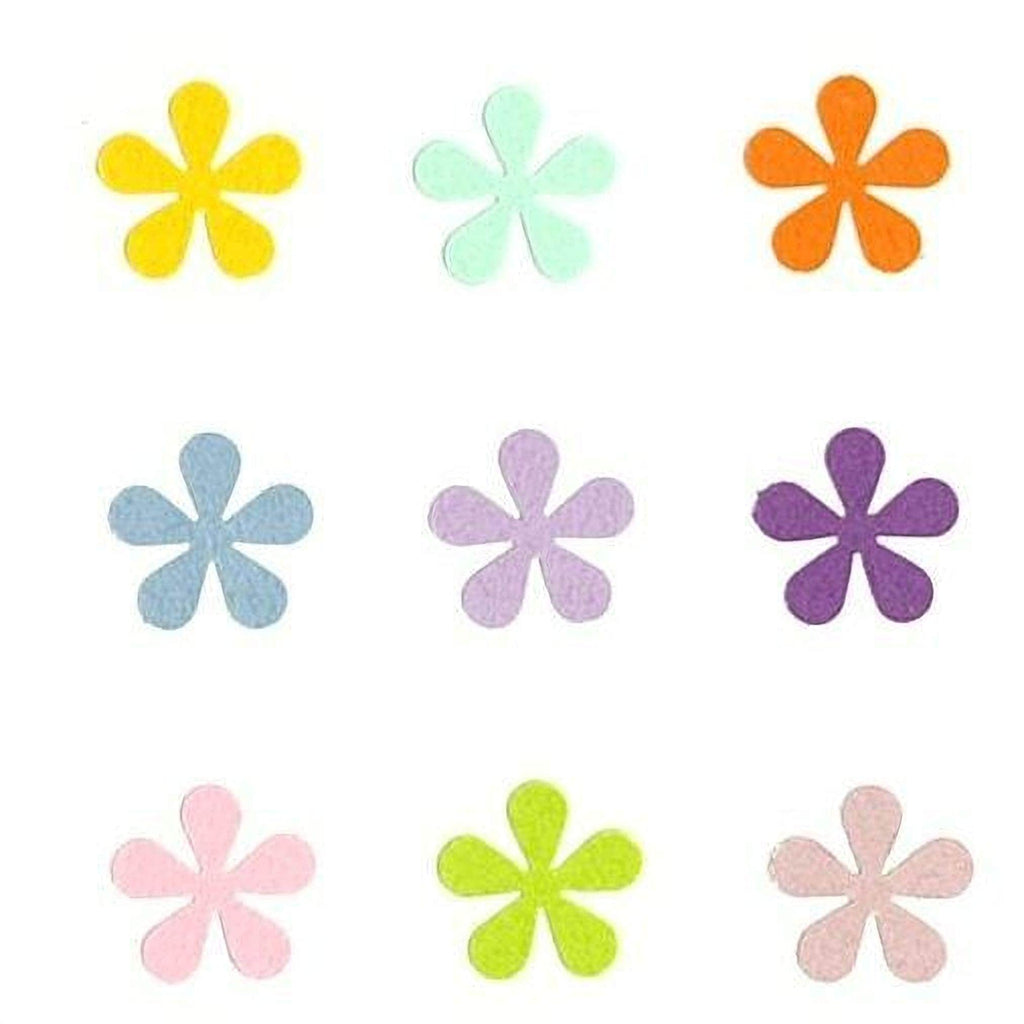 nine colorful paper flowers, each with a unique color and design, arranged in a 3x3 grid.