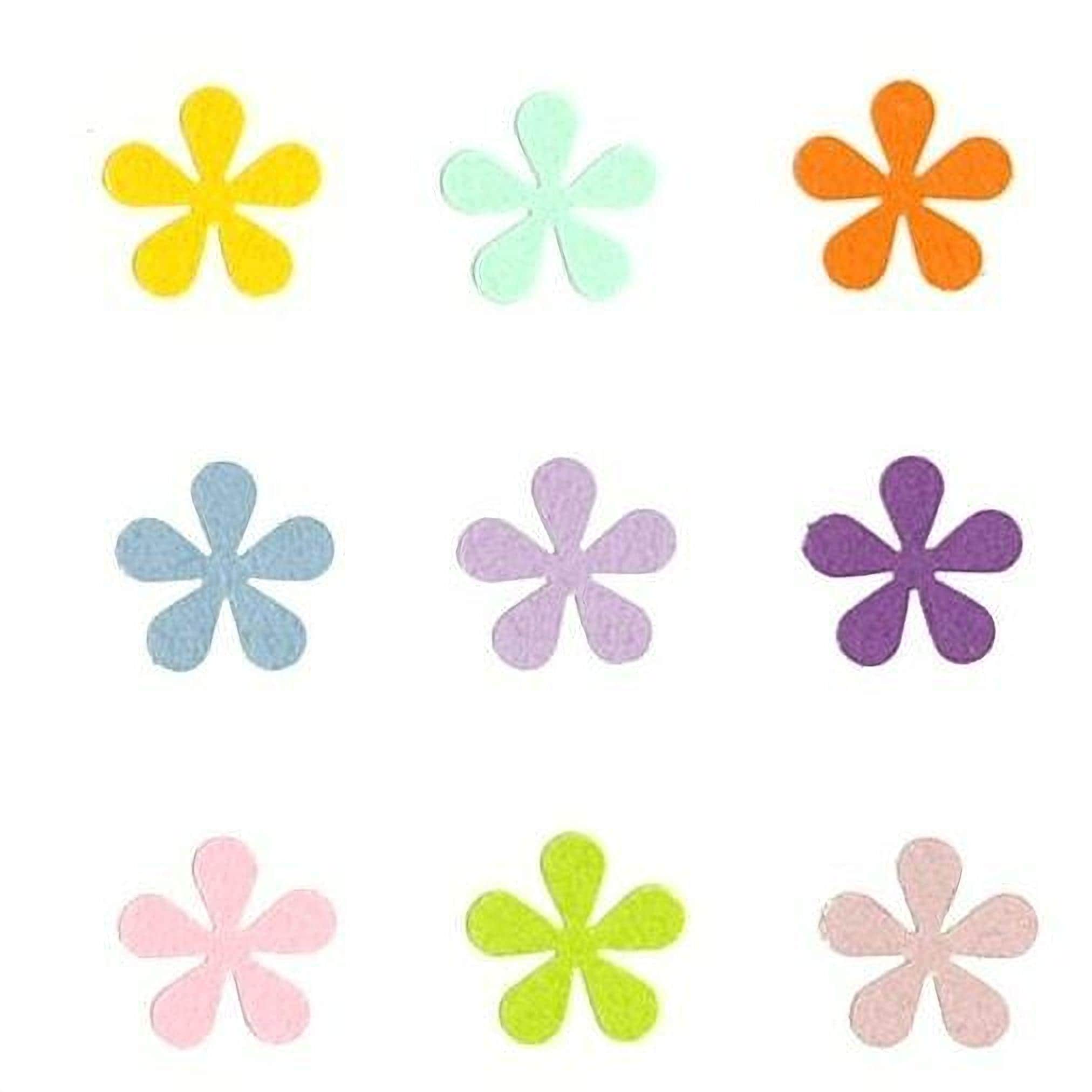 nine colorful paper flowers, each with a unique color and design, arranged in a 3x3 grid.