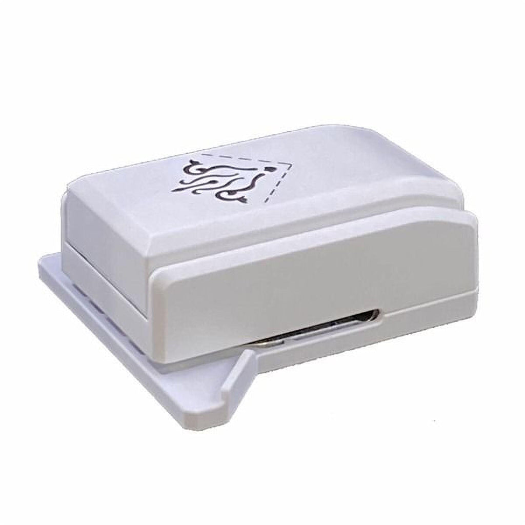 A white, rectangular, and flat-shaped object with a black design on it.