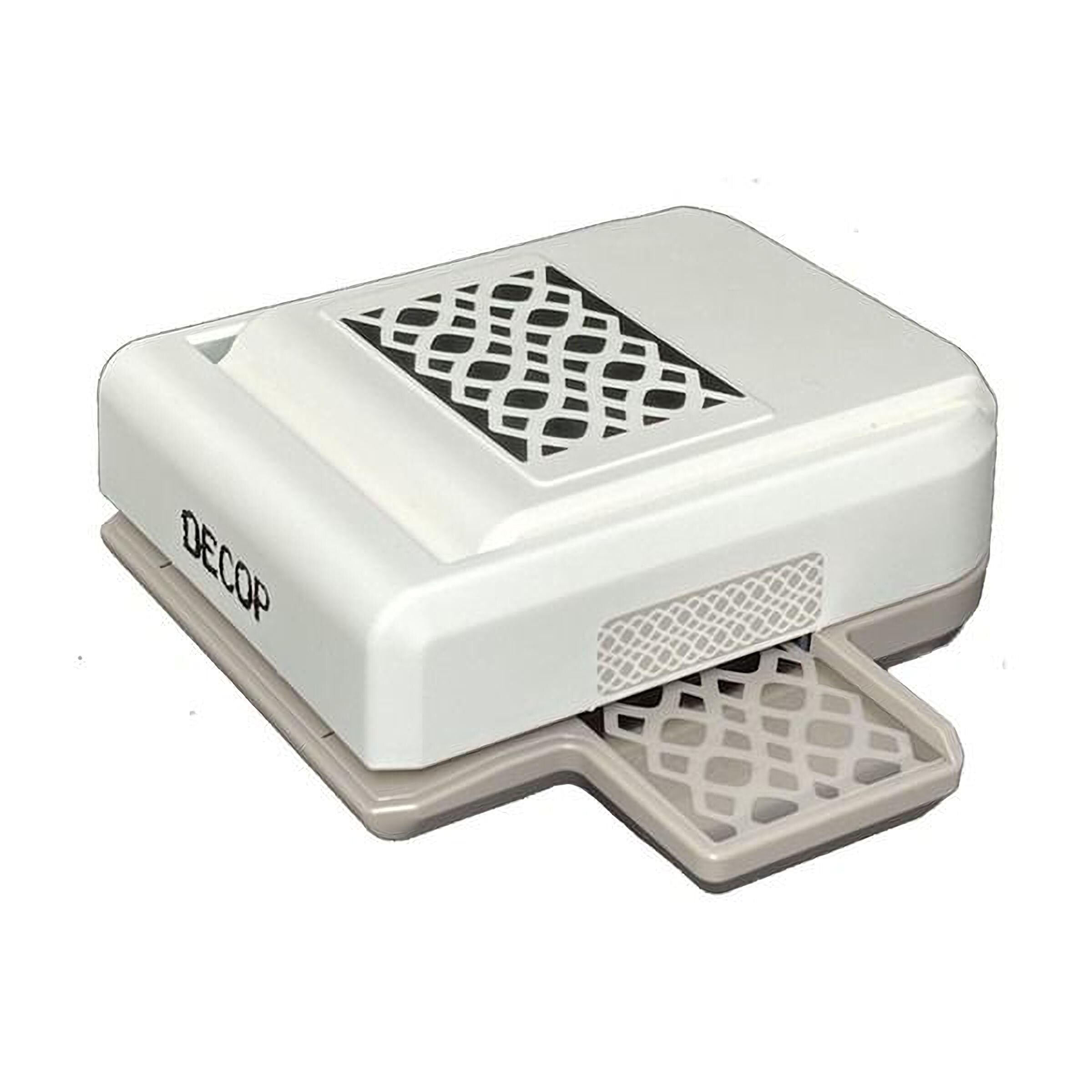 A white and gray electronic device with a patterned design on the front.