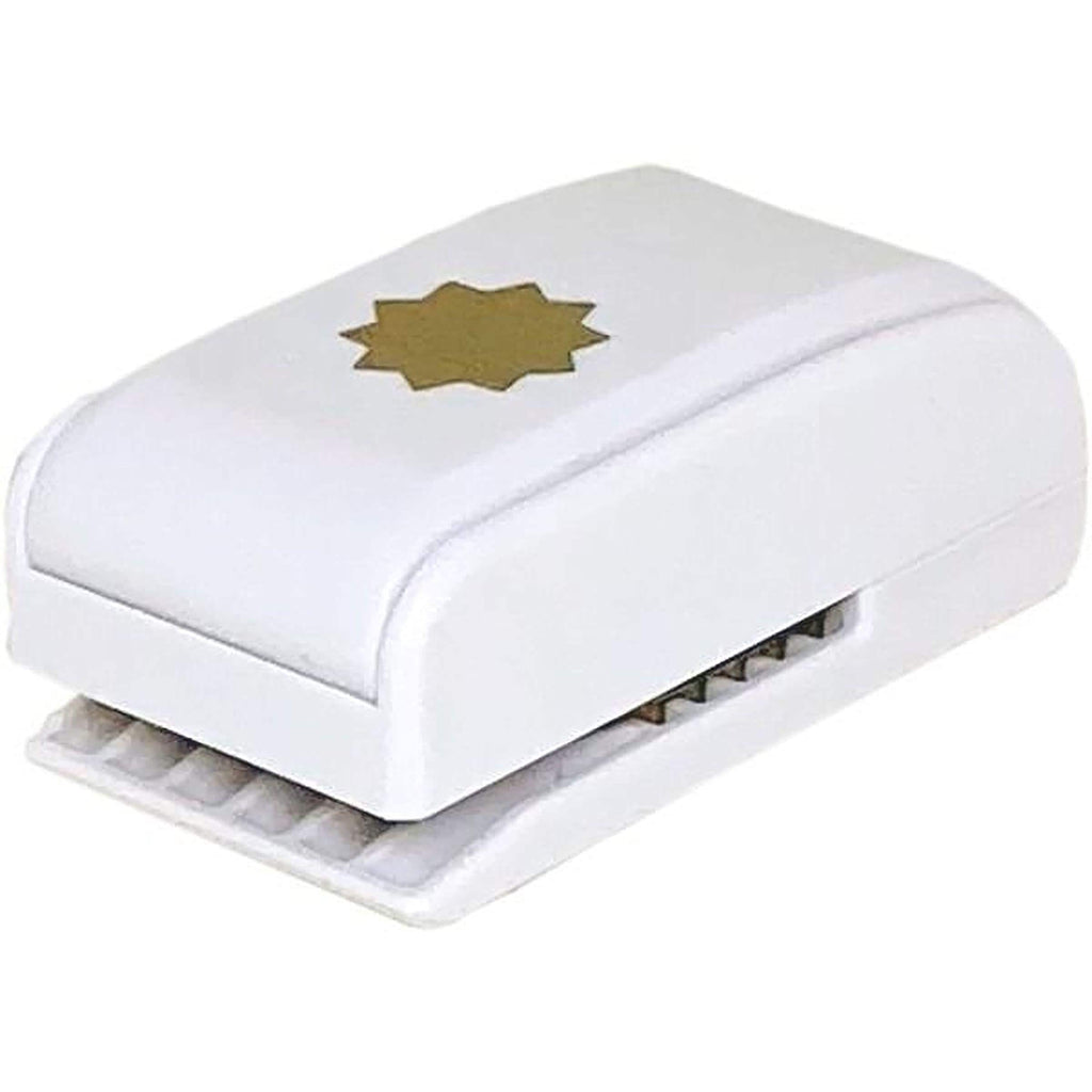 A white, rectangular paper punch with a gold star-shaped design on the top.