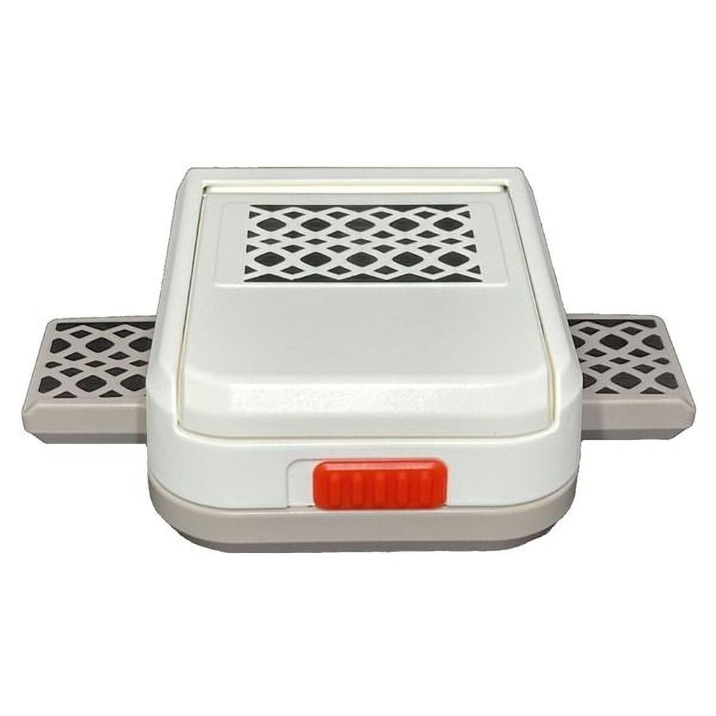 a white and gray electronic device with a red button on the front.