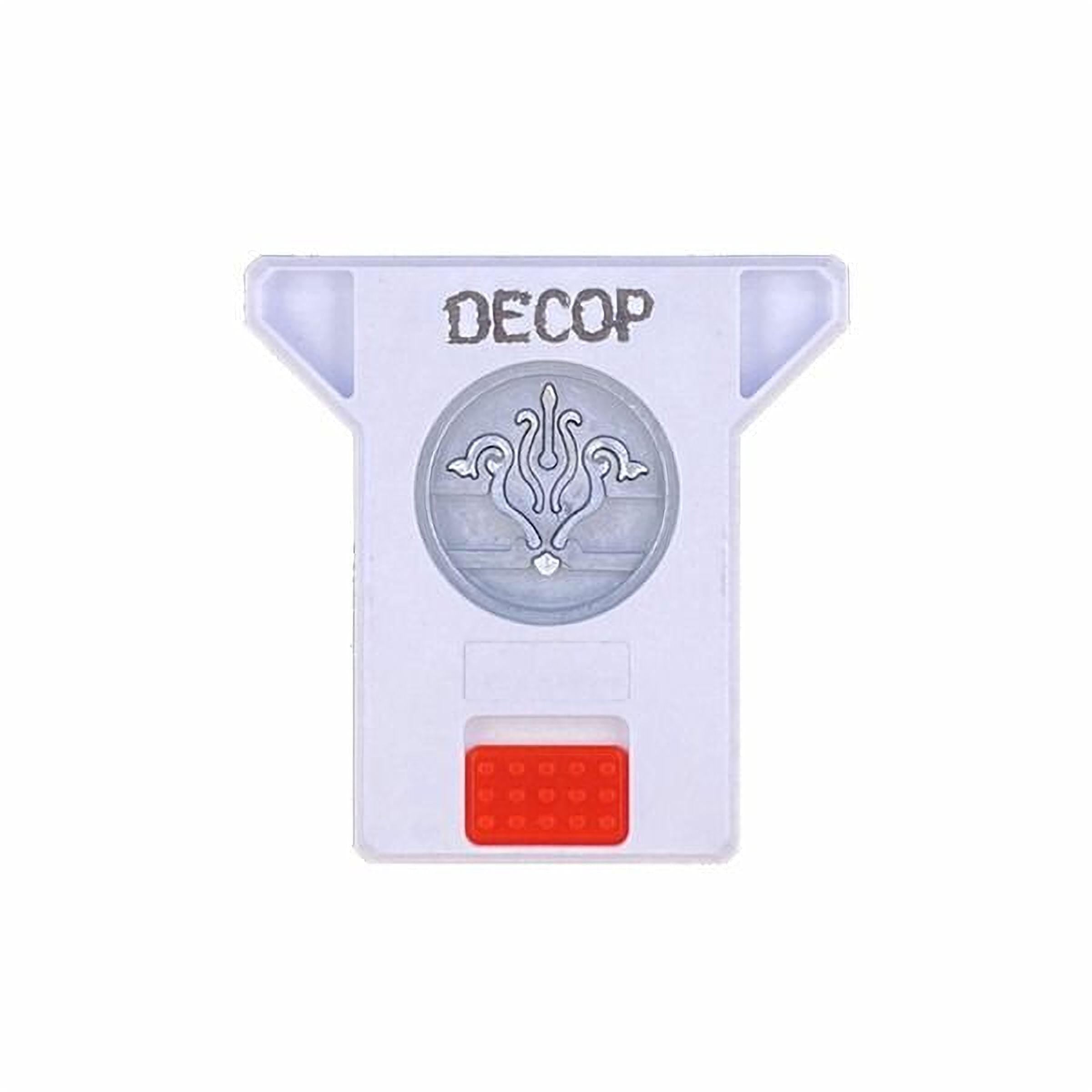 A white plastic object with a red and silver design on it, and the word "DECOP" written on it.