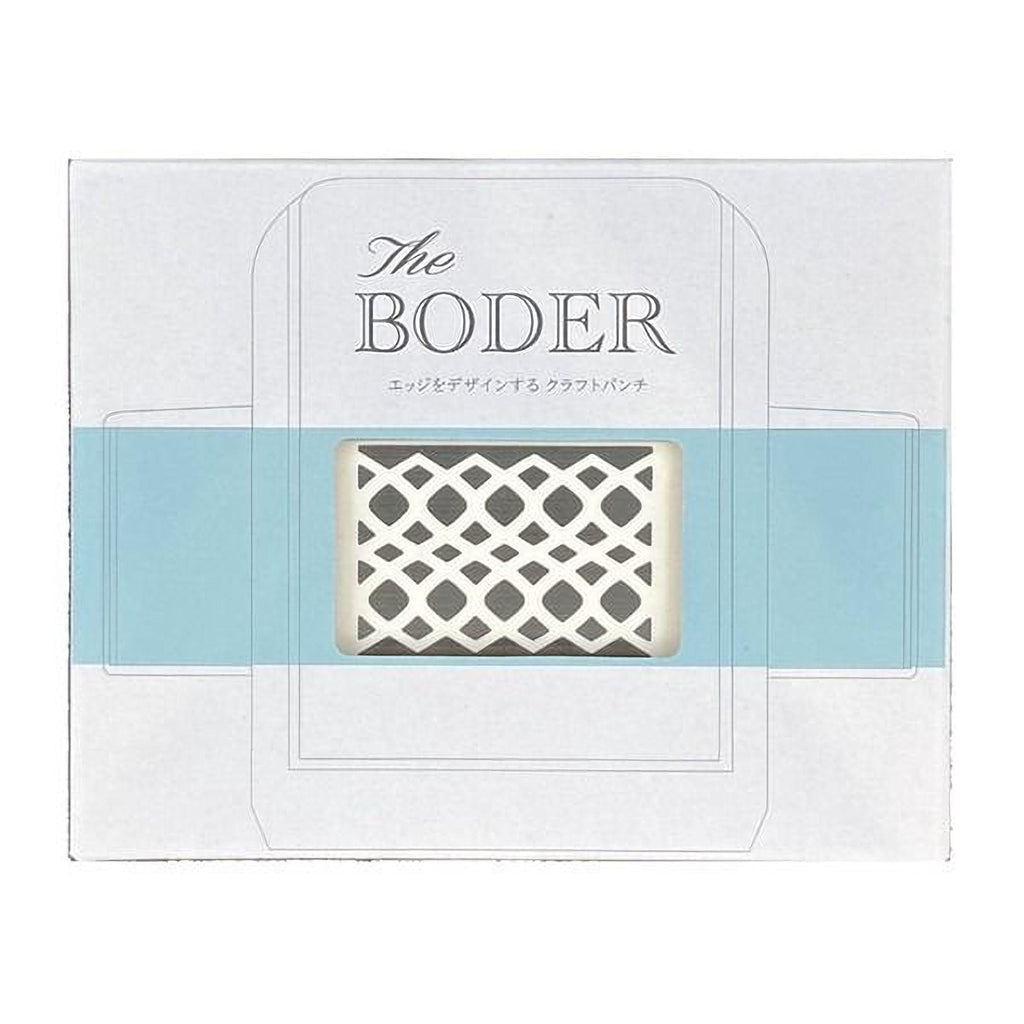 The image is a square-shaped object with a white background and a blue stripe. The object has a geometric pattern on it, and there is text above it that reads "The BODER".