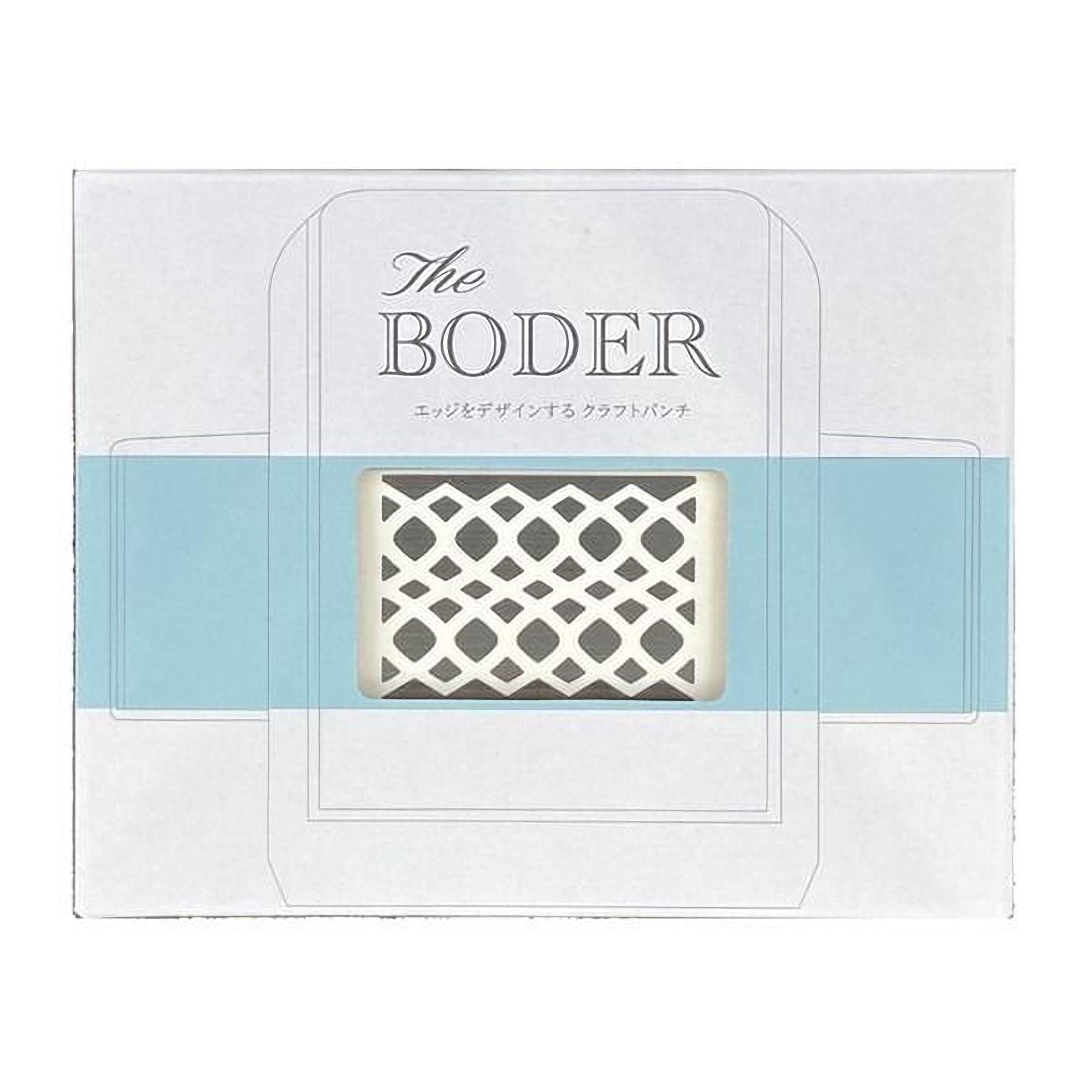 The image is a square-shaped object with a white background and a blue stripe. The object has a geometric pattern on it, and there is text above it that reads "The BODER".