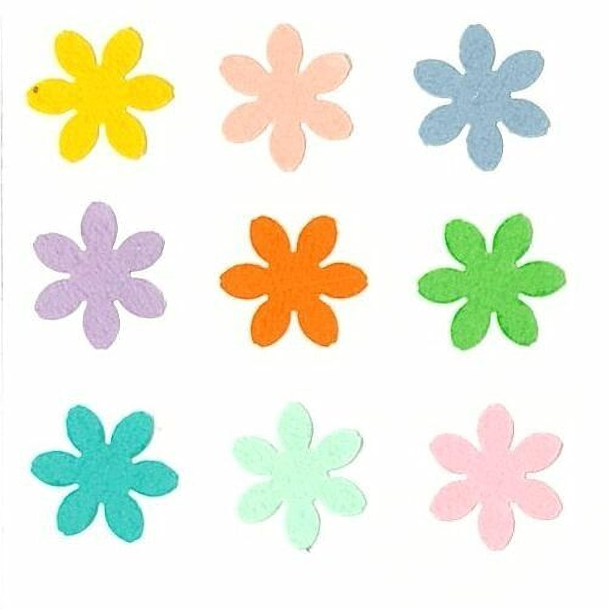 nine colorful paper flowers, each with a unique color and shape, arranged in a 3x3 grid.