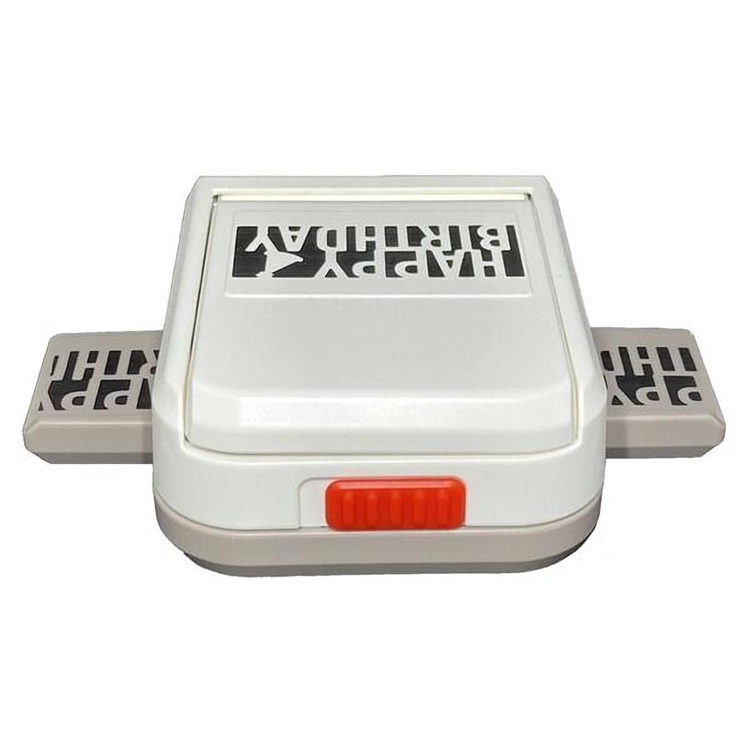 A white and gray plastic stamping machine with a red button on the front.