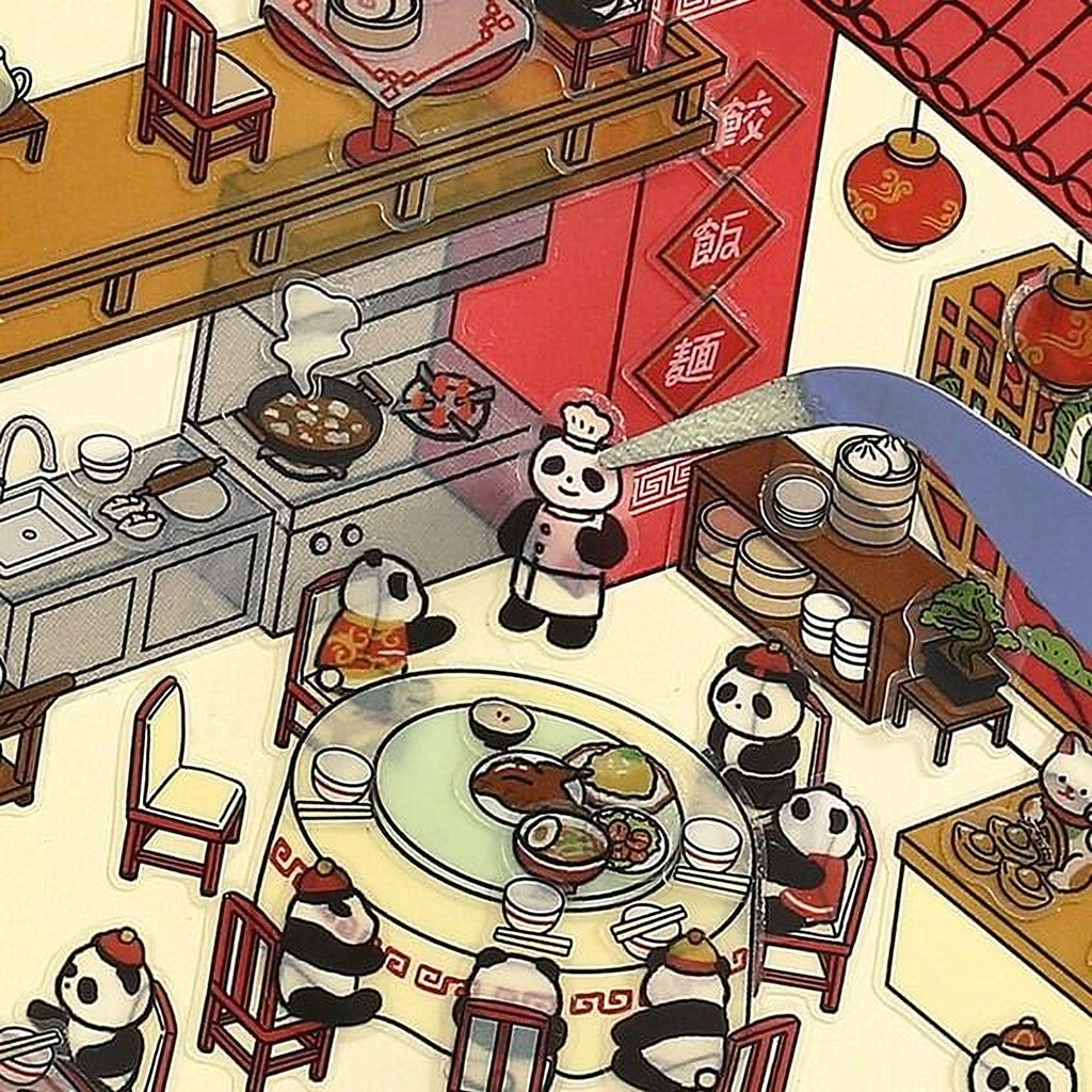 A collage of various cartoon panda characters in a kitchen setting, with some sitting at a table and others standing around.