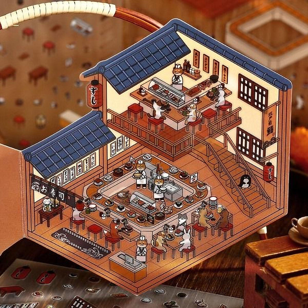 A detailed illustration of a three-dimensional model of a Japanese restaurant, featuring various elements such as tables, chairs, and staff.