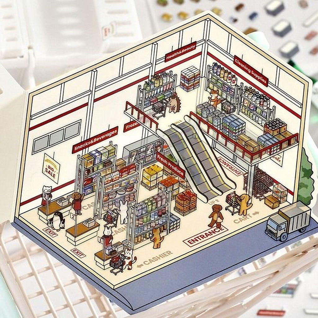 A detailed illustration of a grocery store layout, featuring various sections such as the entrance, checkout, and aisles filled with products.