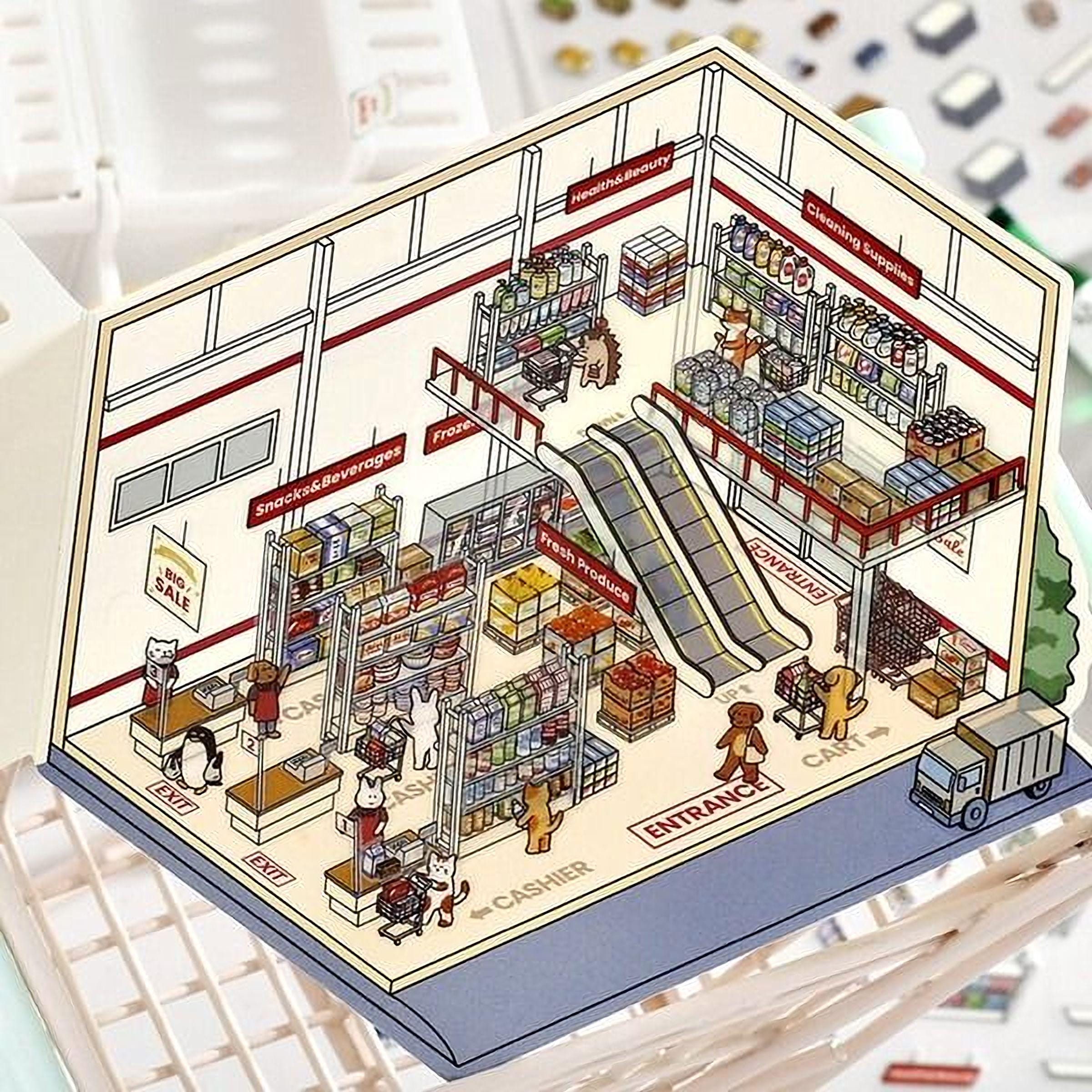 A detailed illustration of a grocery store layout, featuring various sections such as the entrance, checkout, and aisles filled with products.