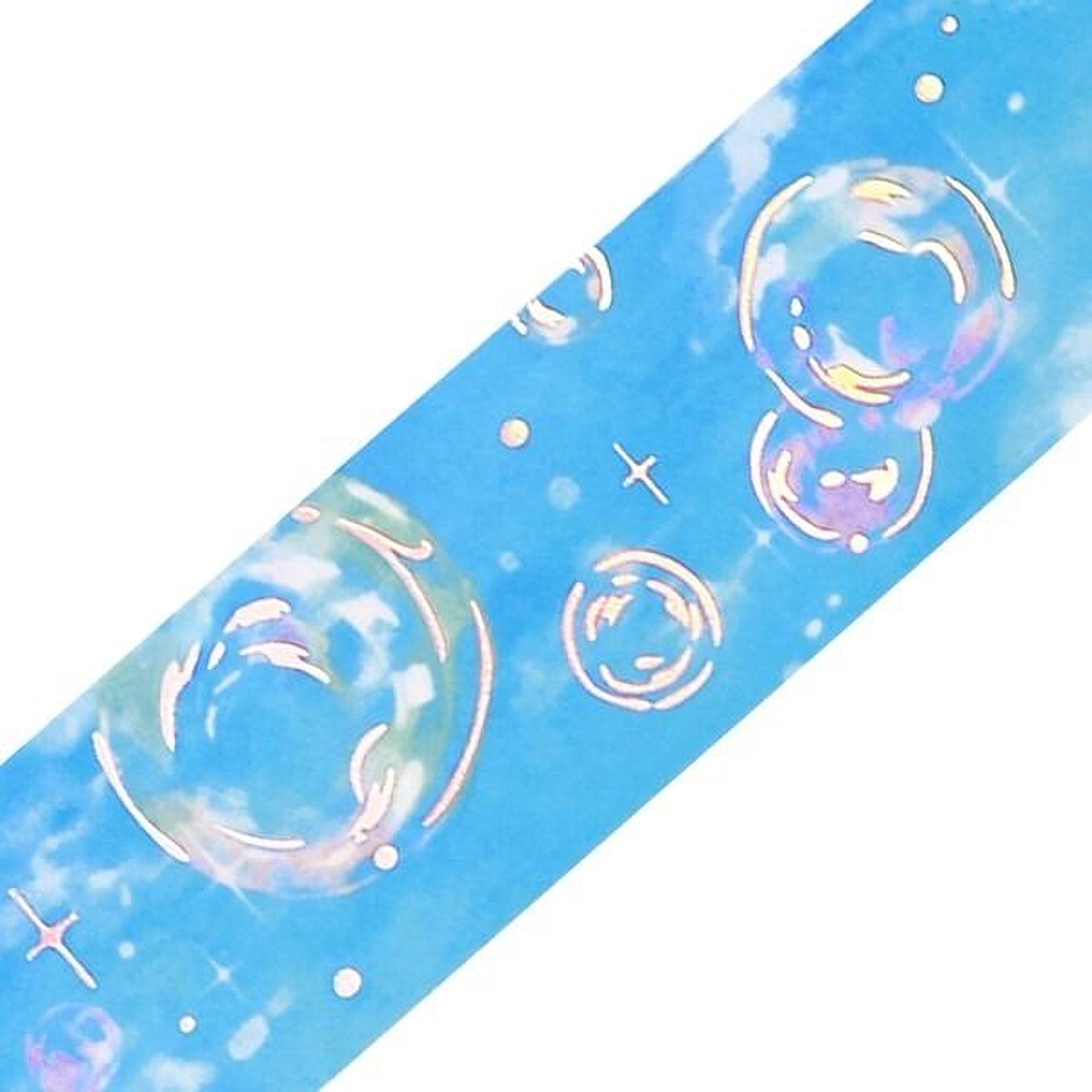 a vibrant blue background with a pattern of bubbles and stars.